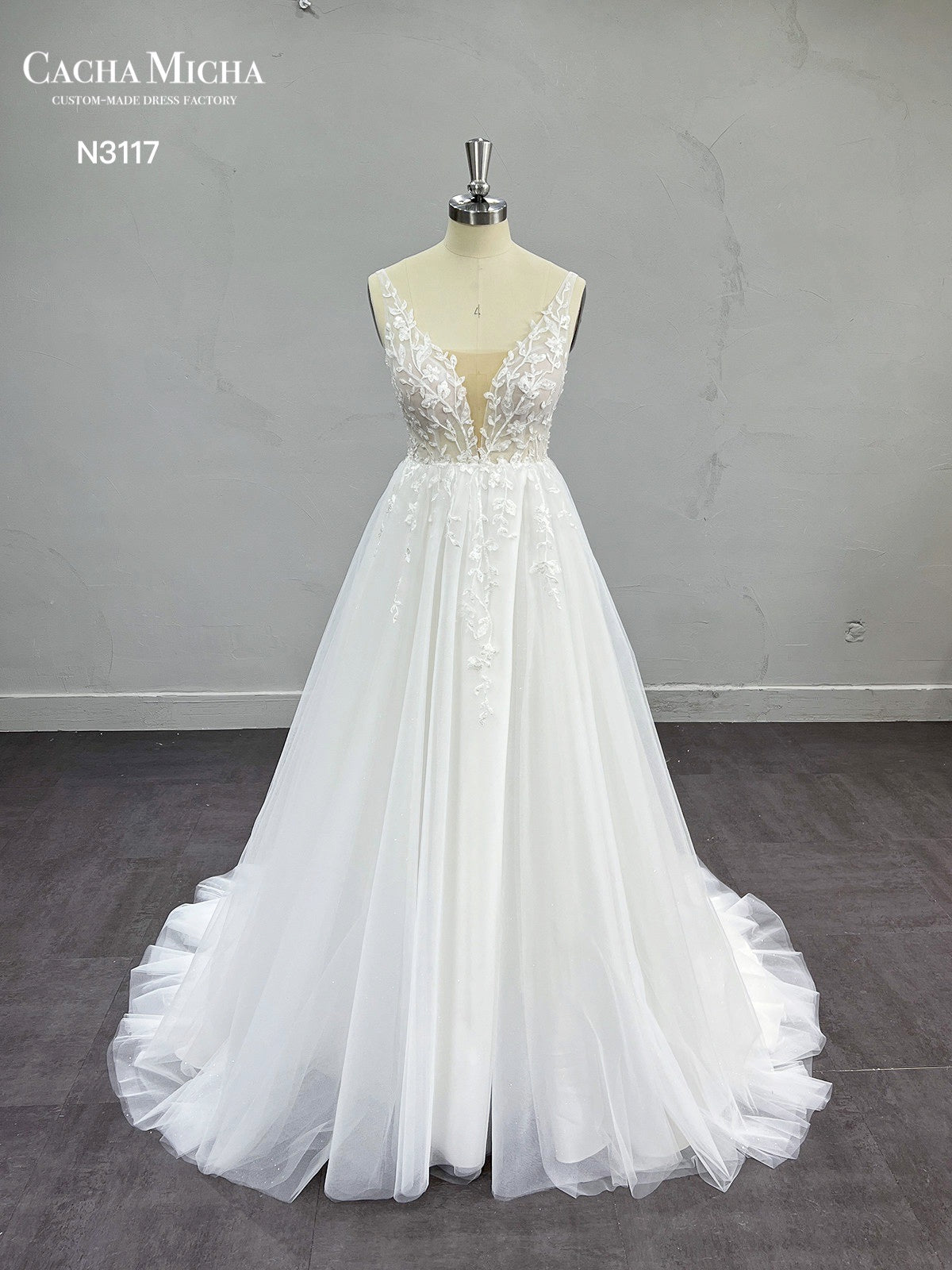 Affordable Soft Tulle with Lace A Line Wedding Dress N3117