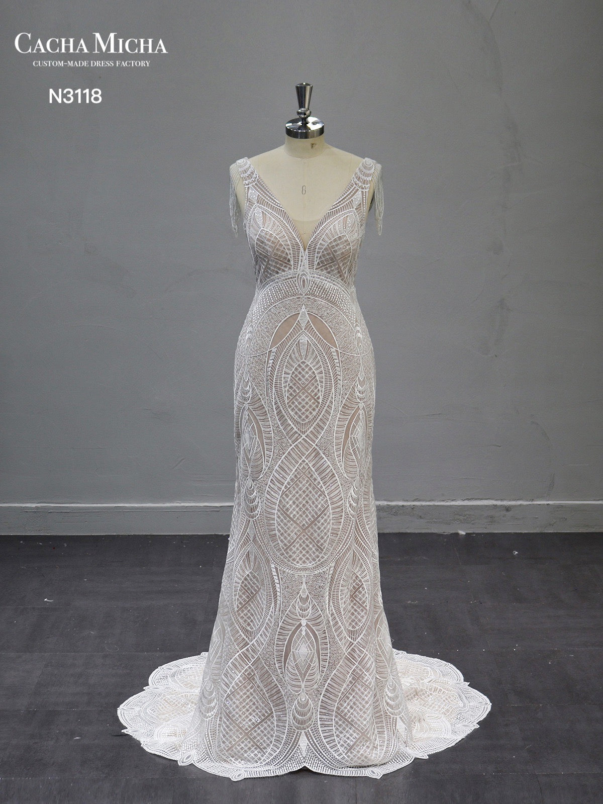 Bohemia Lace Mermaid Wedding Dress With Champagne Lining N3118