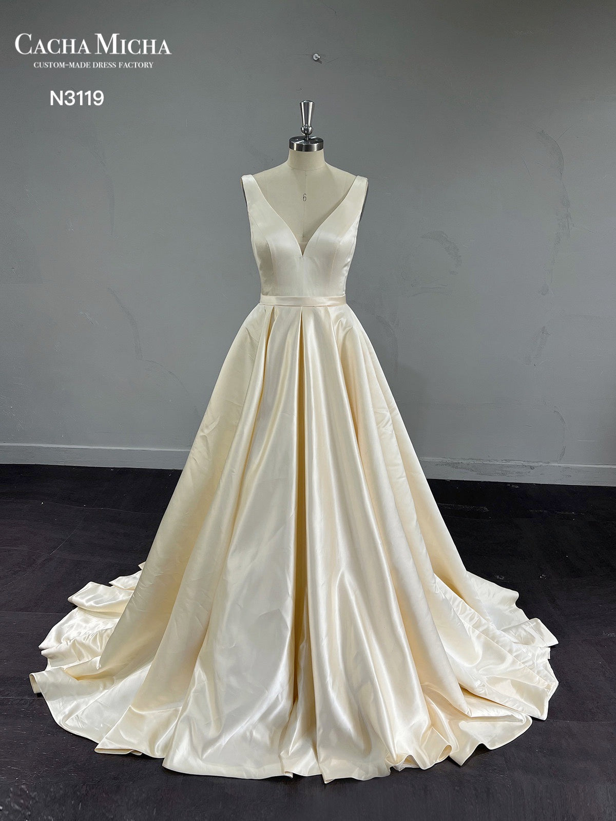 Classic V Back Champagne Satin Wedding Dress N3119