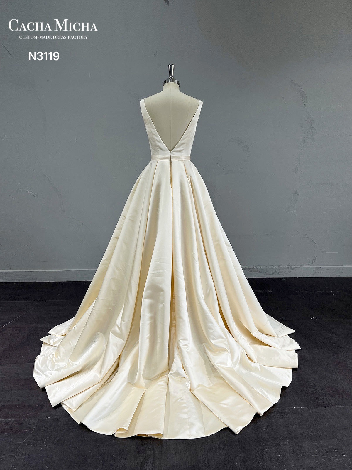 Classic V Back Champagne Satin Wedding Dress N3119