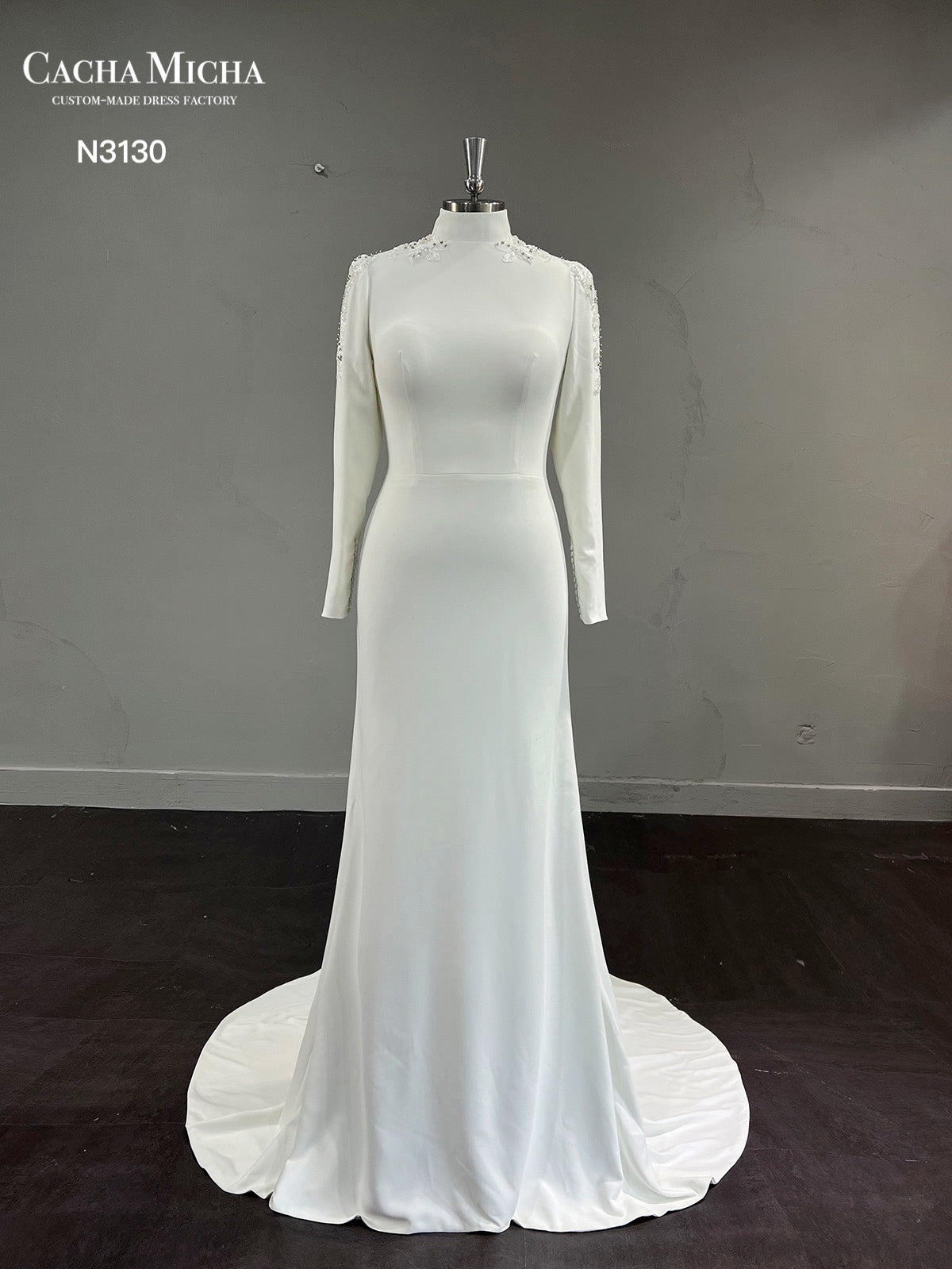 Beaded Lace High Neck Long Sleeves Crepe Muslim Wedding Dress N3130