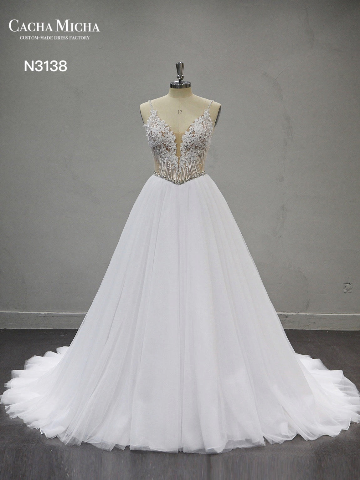 Unique Beaded Lace Top A Line Wedding Dress N3138