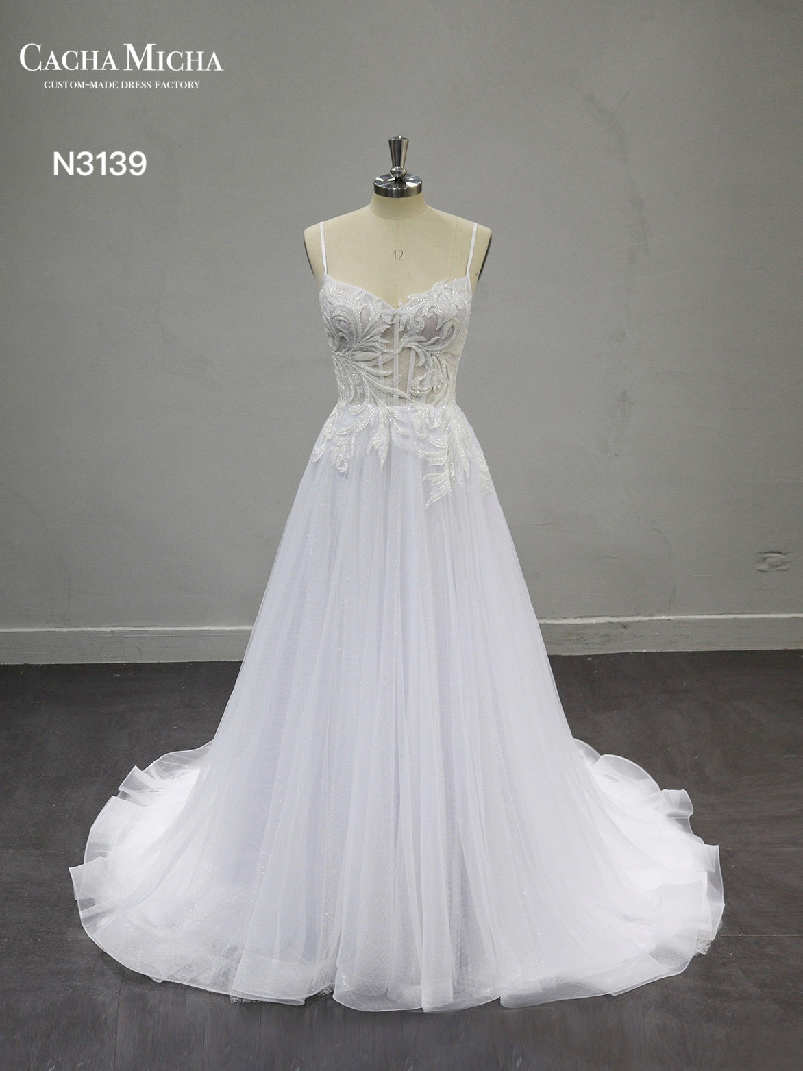 Beaded Lace Top A Line Wedding Dress N3139