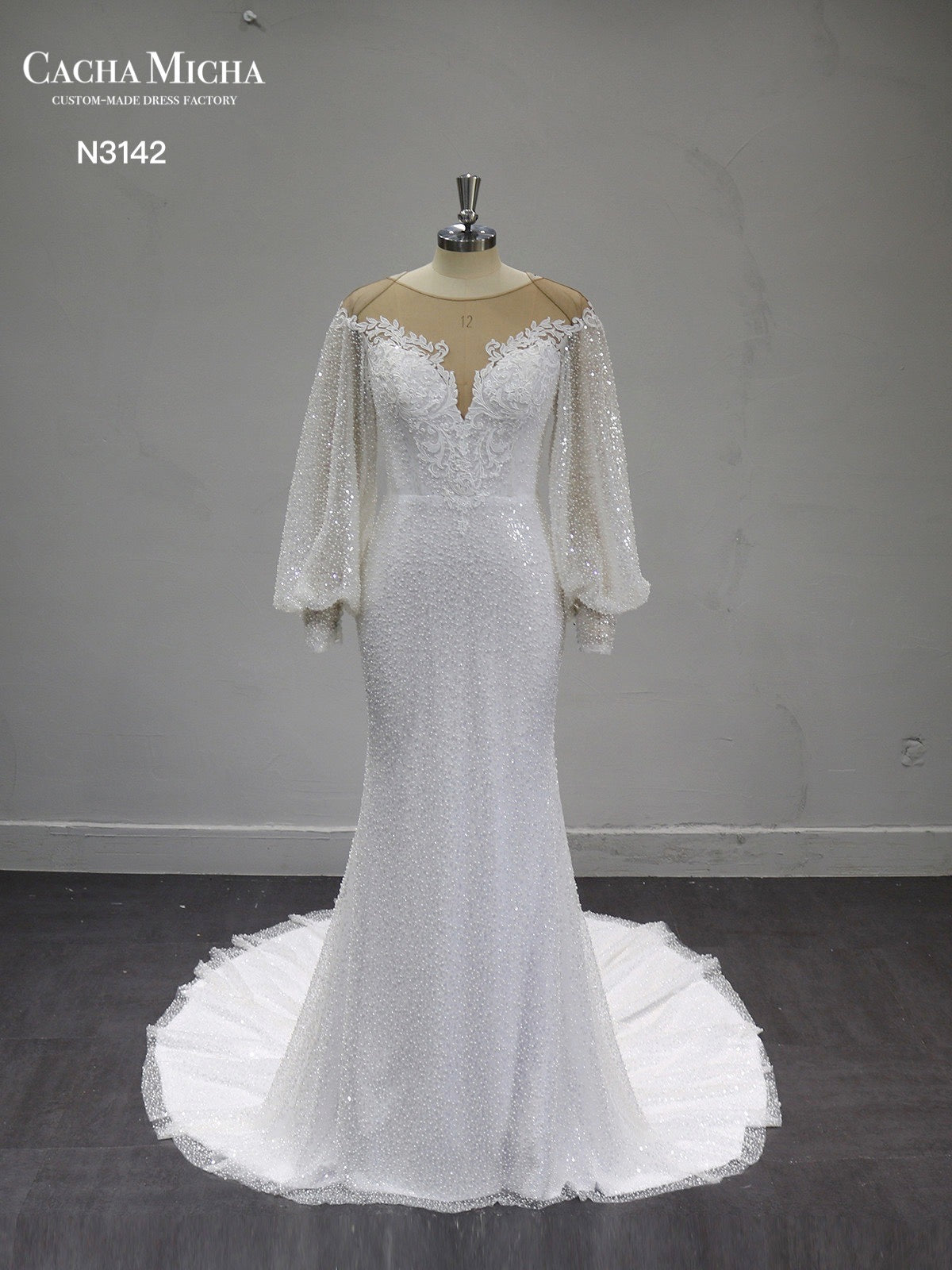 Long Sleeves Heavy Beaded Mermaid Wedding Dress N3142