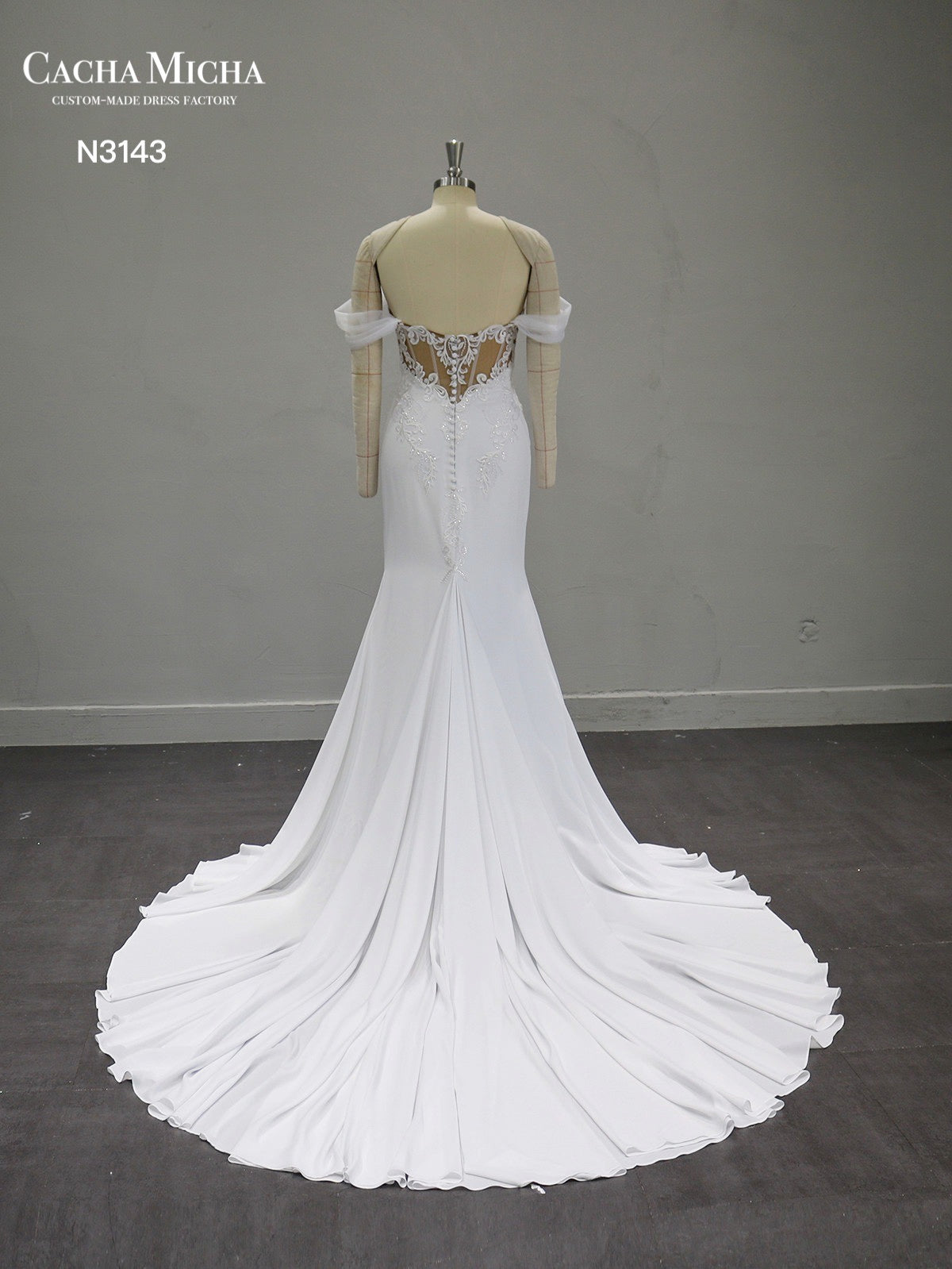 Off Shoulder Lace Crepe Wedding Dress N3143
