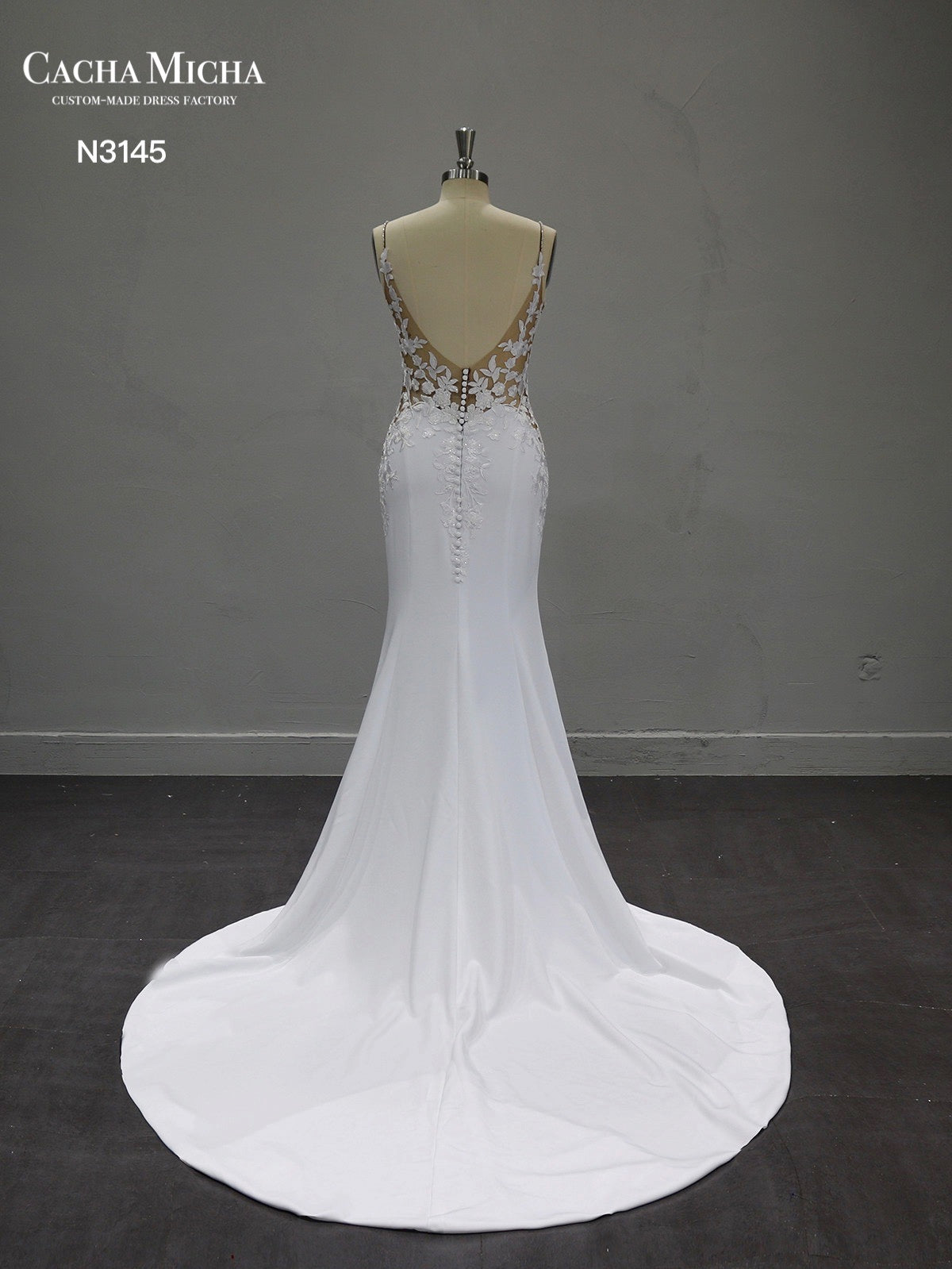 Nude Top Lace Applique Crepe Mermaid Wedding Dress N3145