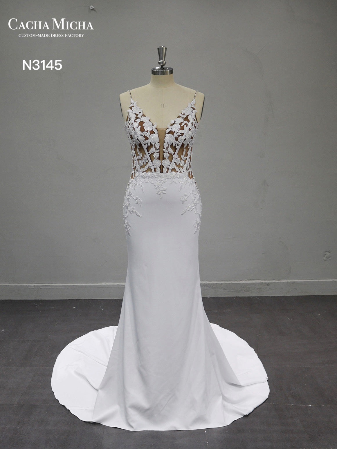 Nude Top Lace Applique Crepe Mermaid Wedding Dress N3145