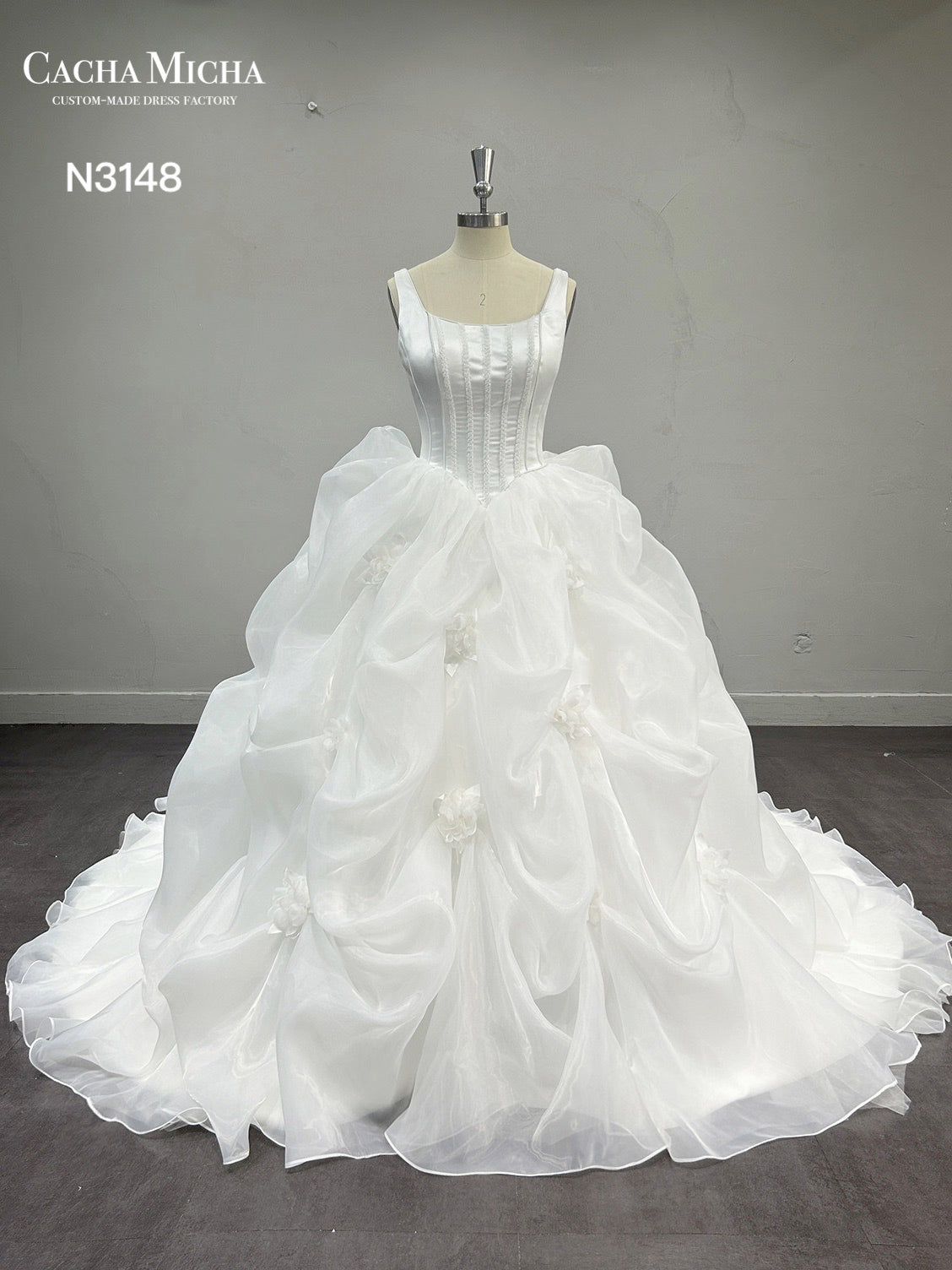 Pearl Beaded Ruffled Skirt Ball Gown Wedding Dress N3148