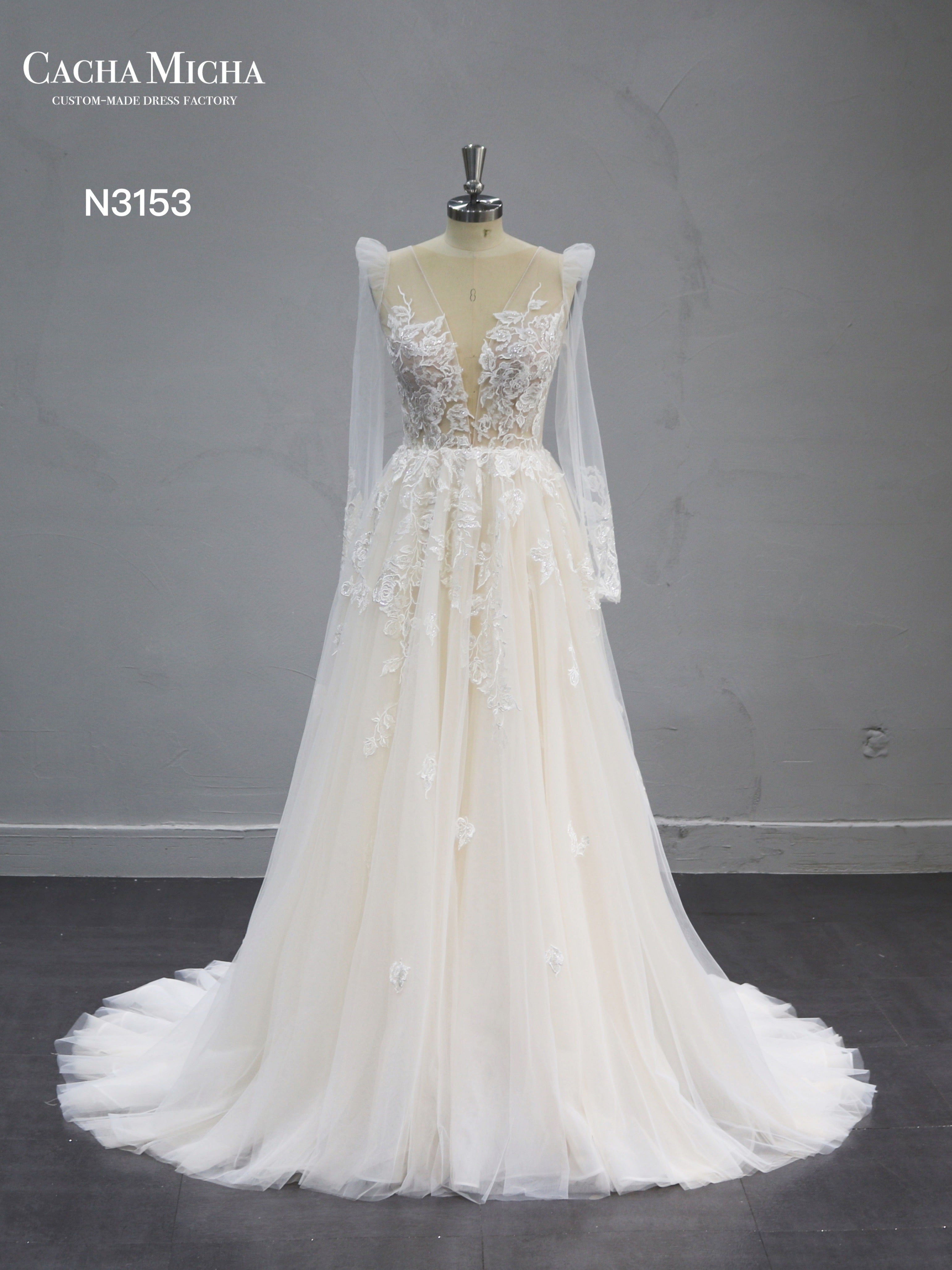 Lace Applique Long Sleeves Champagne Wedding Dress N3153