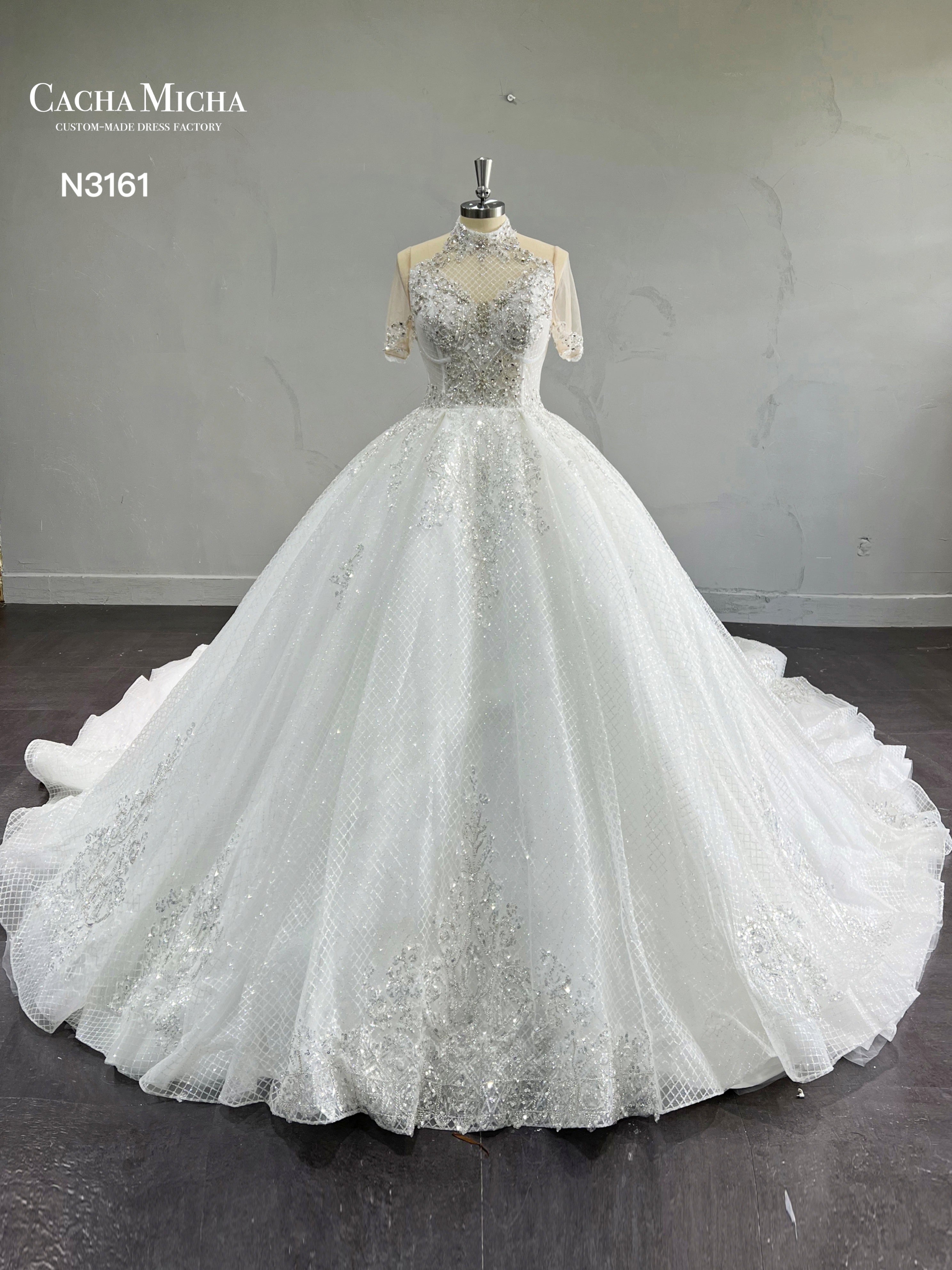 Silver Beaded Shinny Ball Gown Wedding Dress N3161