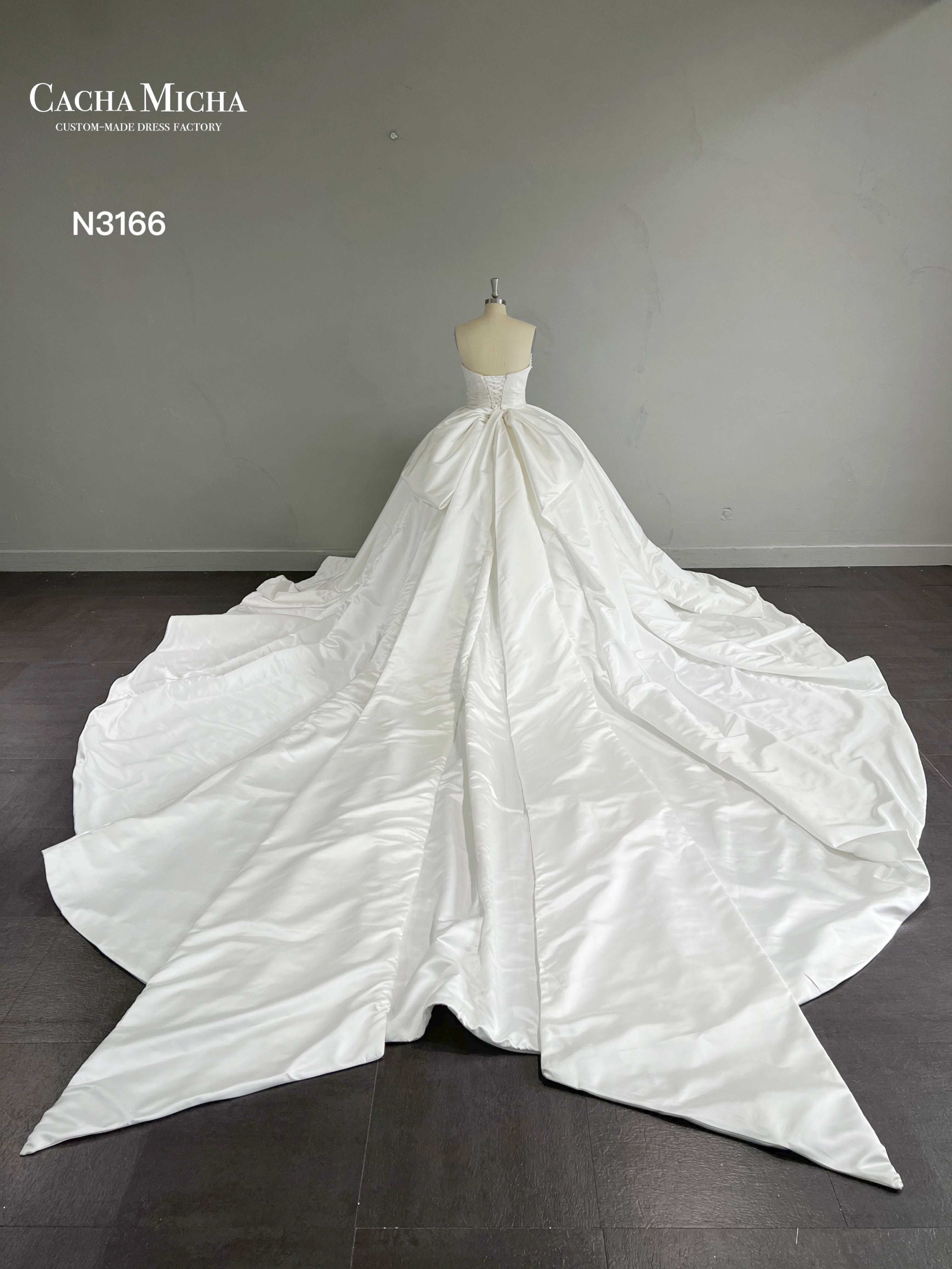 Cathedral Long Train Big Ball Gown Satin Wedding Dress N3166