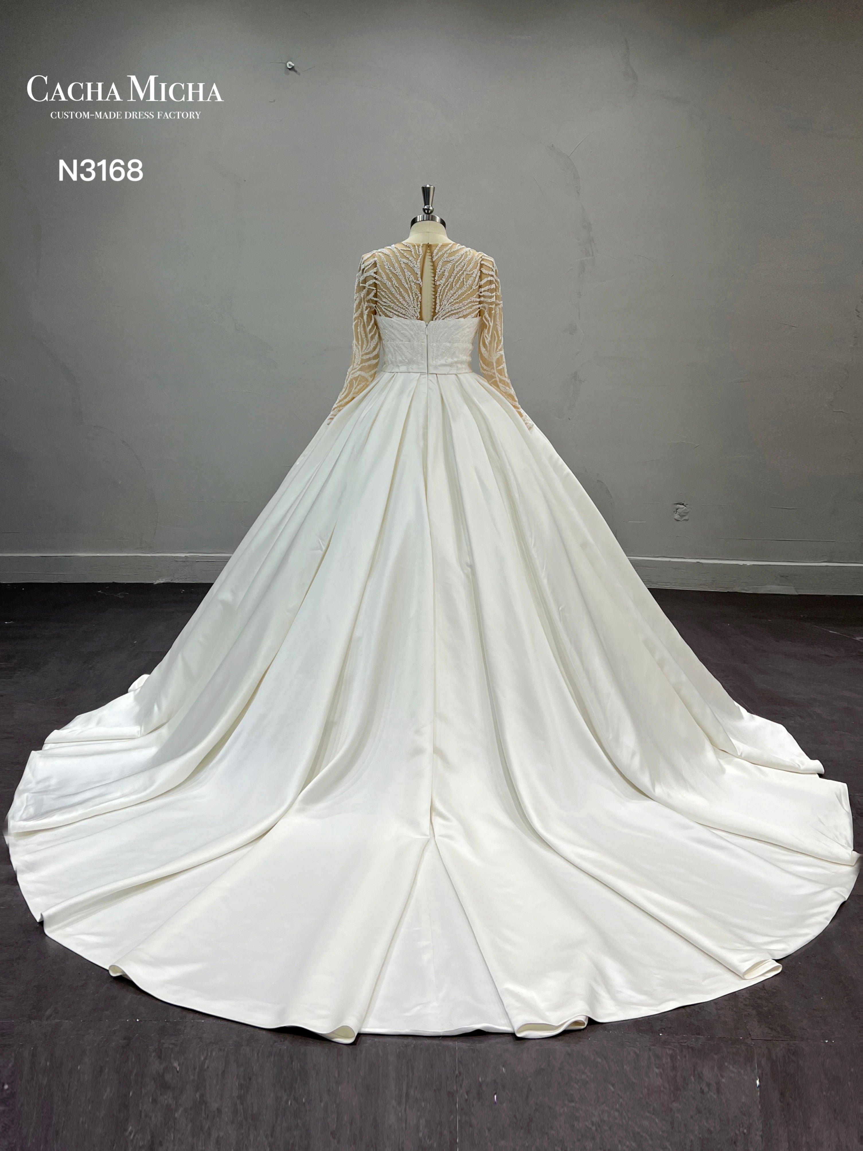 Beaded Long Sleeves Ball Gown Satin Wedding Dress N3168