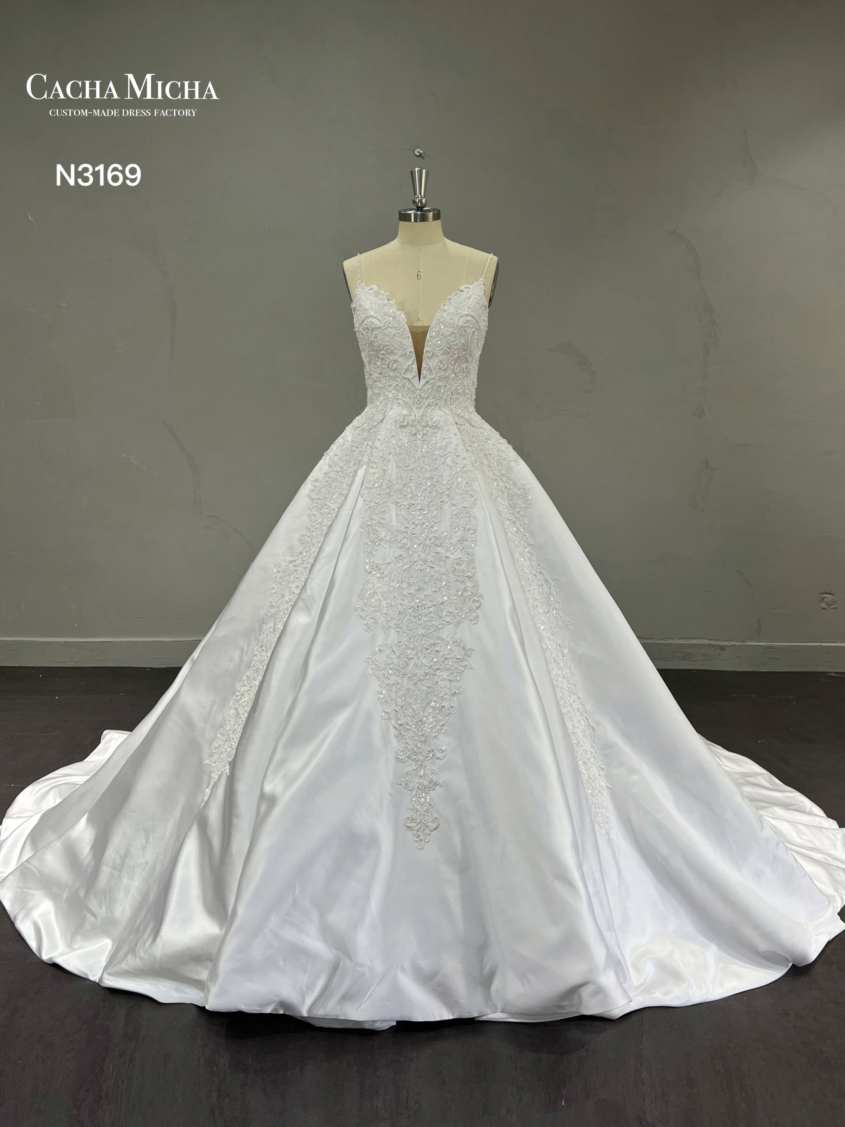 Heavy Beaded Lace Ball Gown Satin wedding Dress N3169