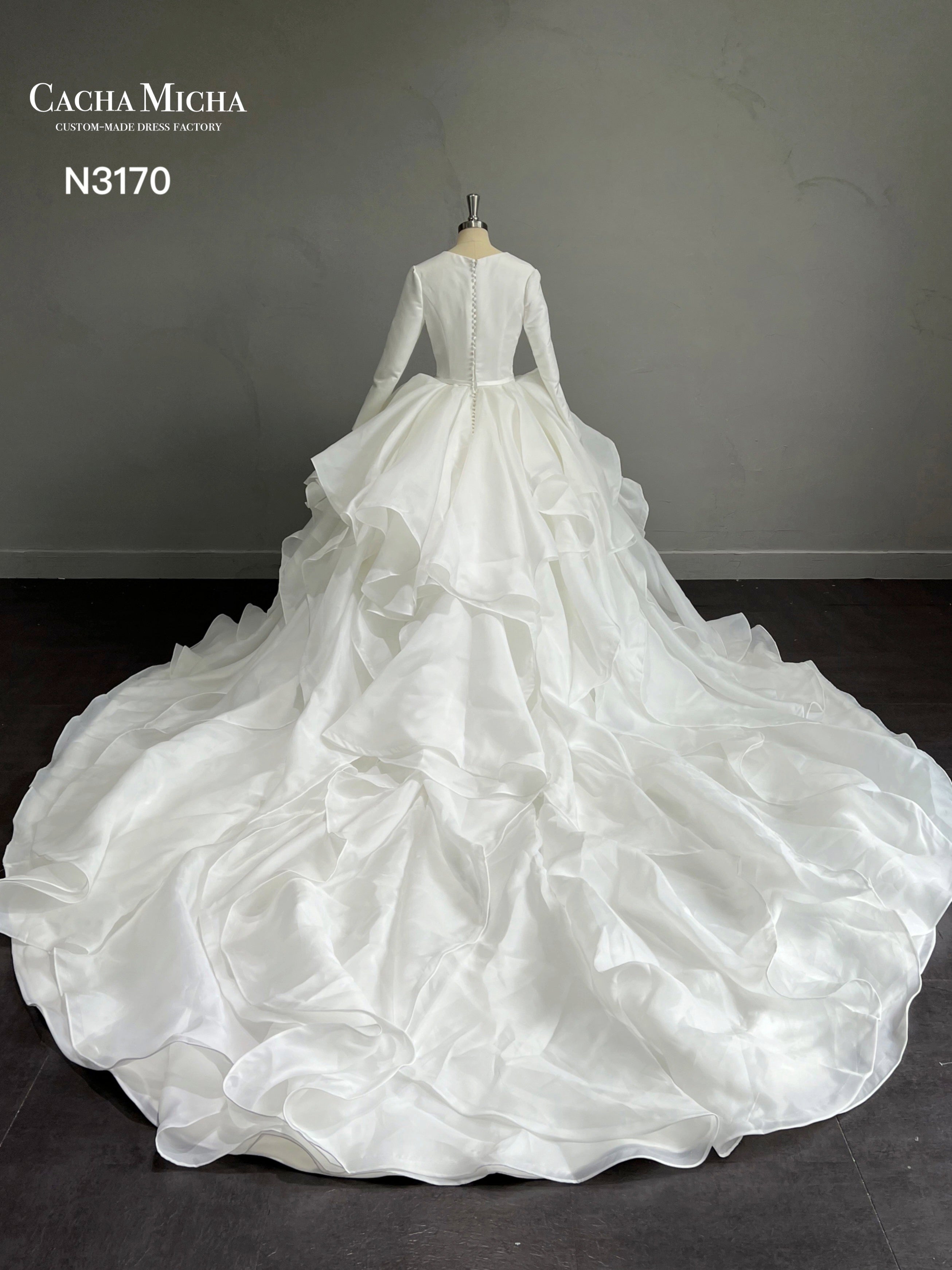 Satin Long Sleeves Ruffles Ball Gown Wedding Dress N3170