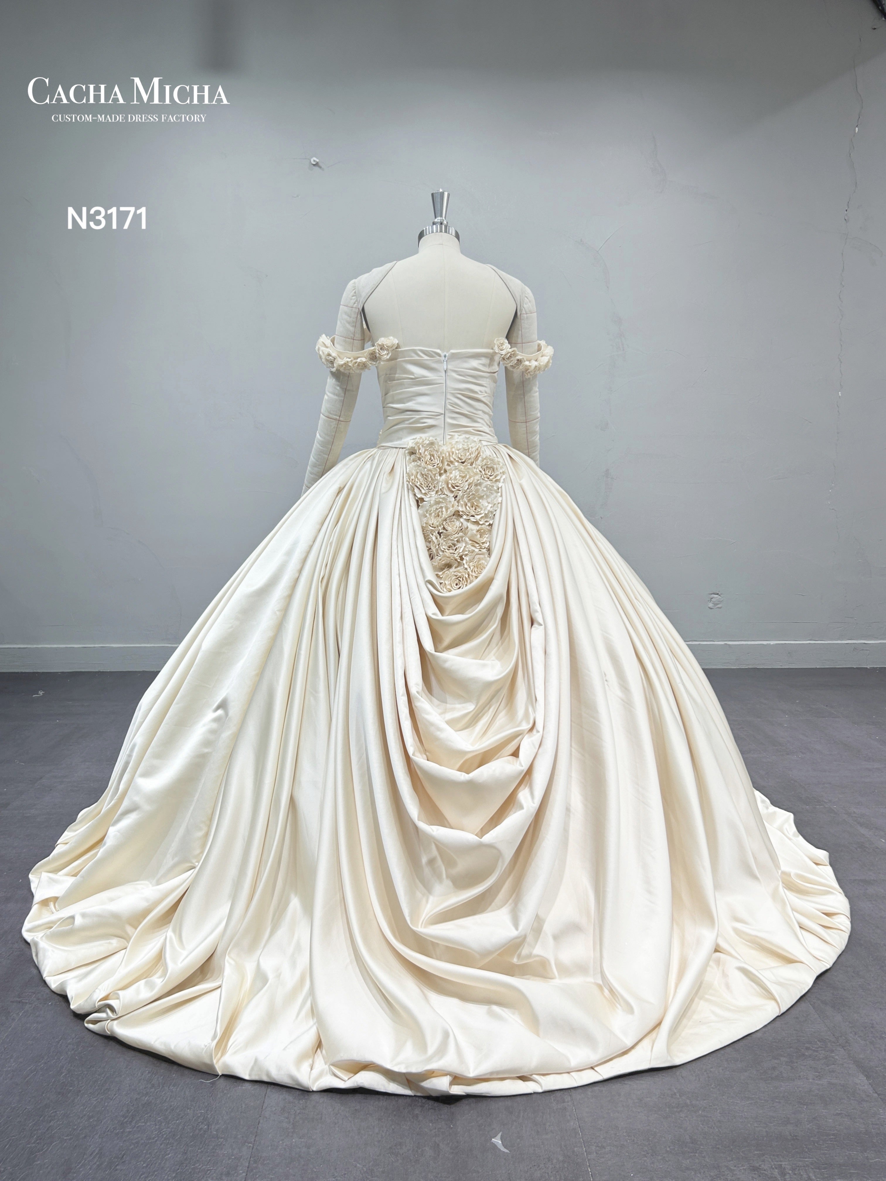 Unique 3D Flowers Champagne Satin Ball Gown Wedding Dress N3171