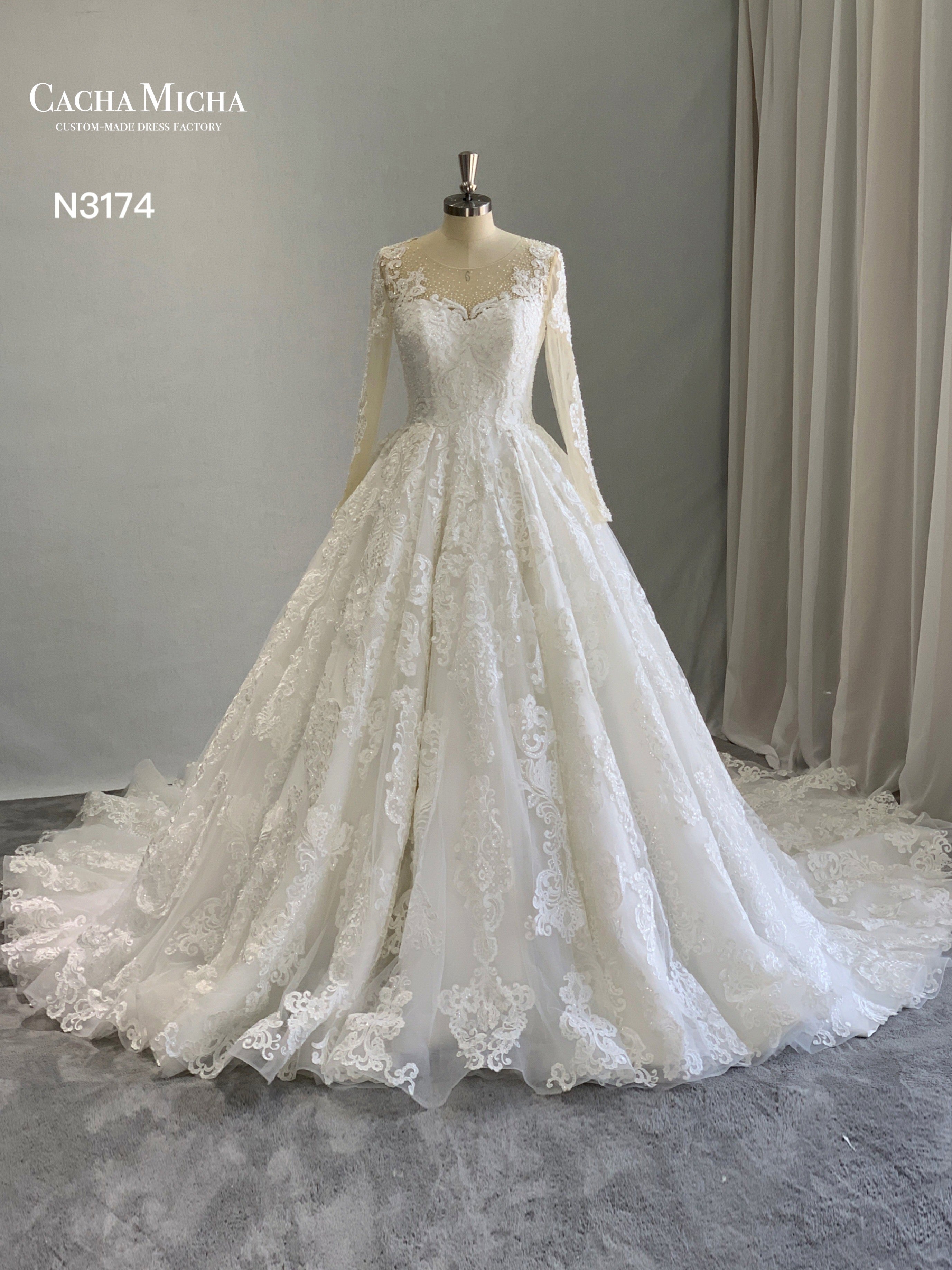 Long Sleeves Heavy Lace Ball Gown Wedding Dress N3174