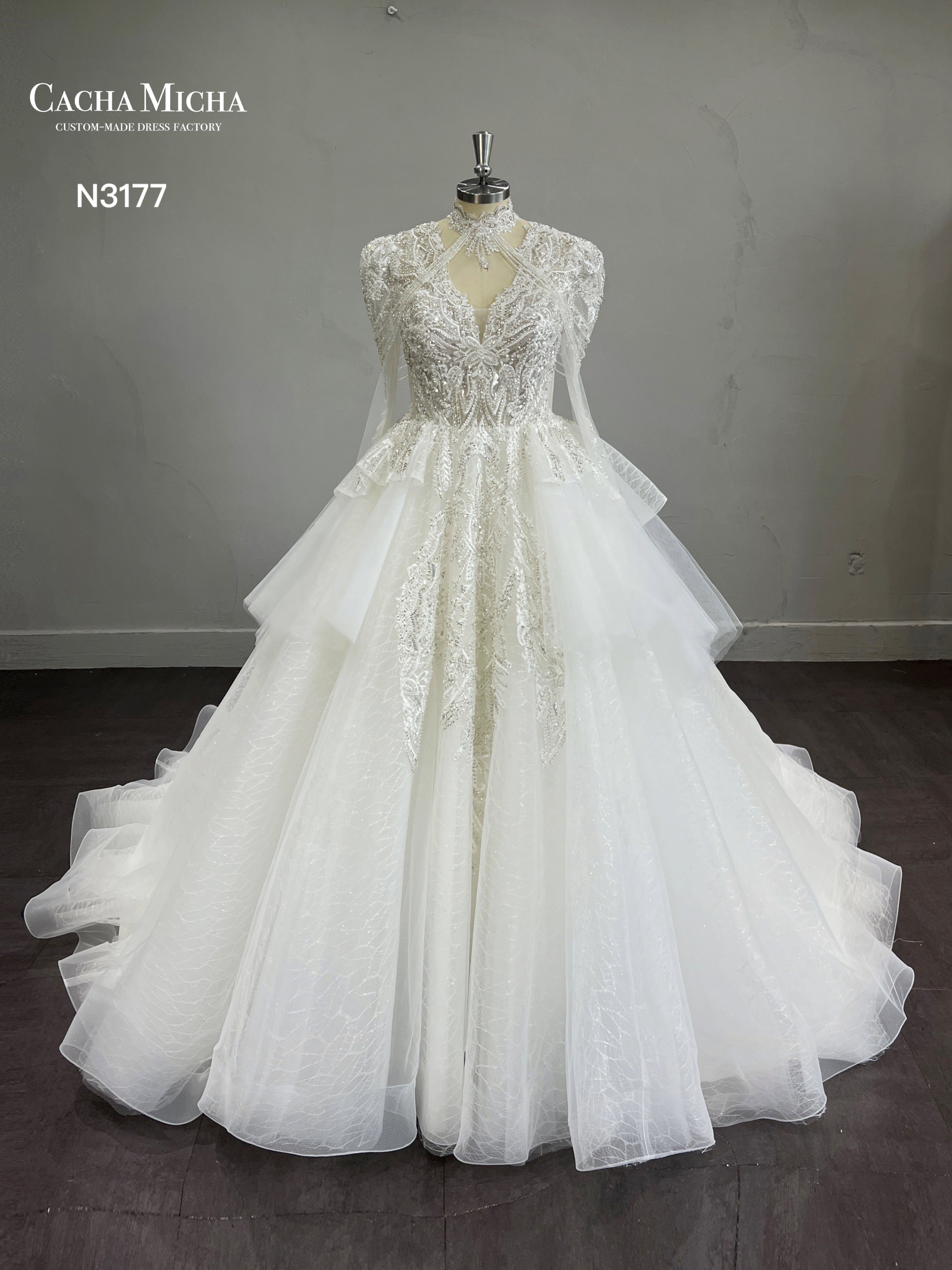 Heavy Beaded Luxury Lace Ball Gown Wedding Dress N3177