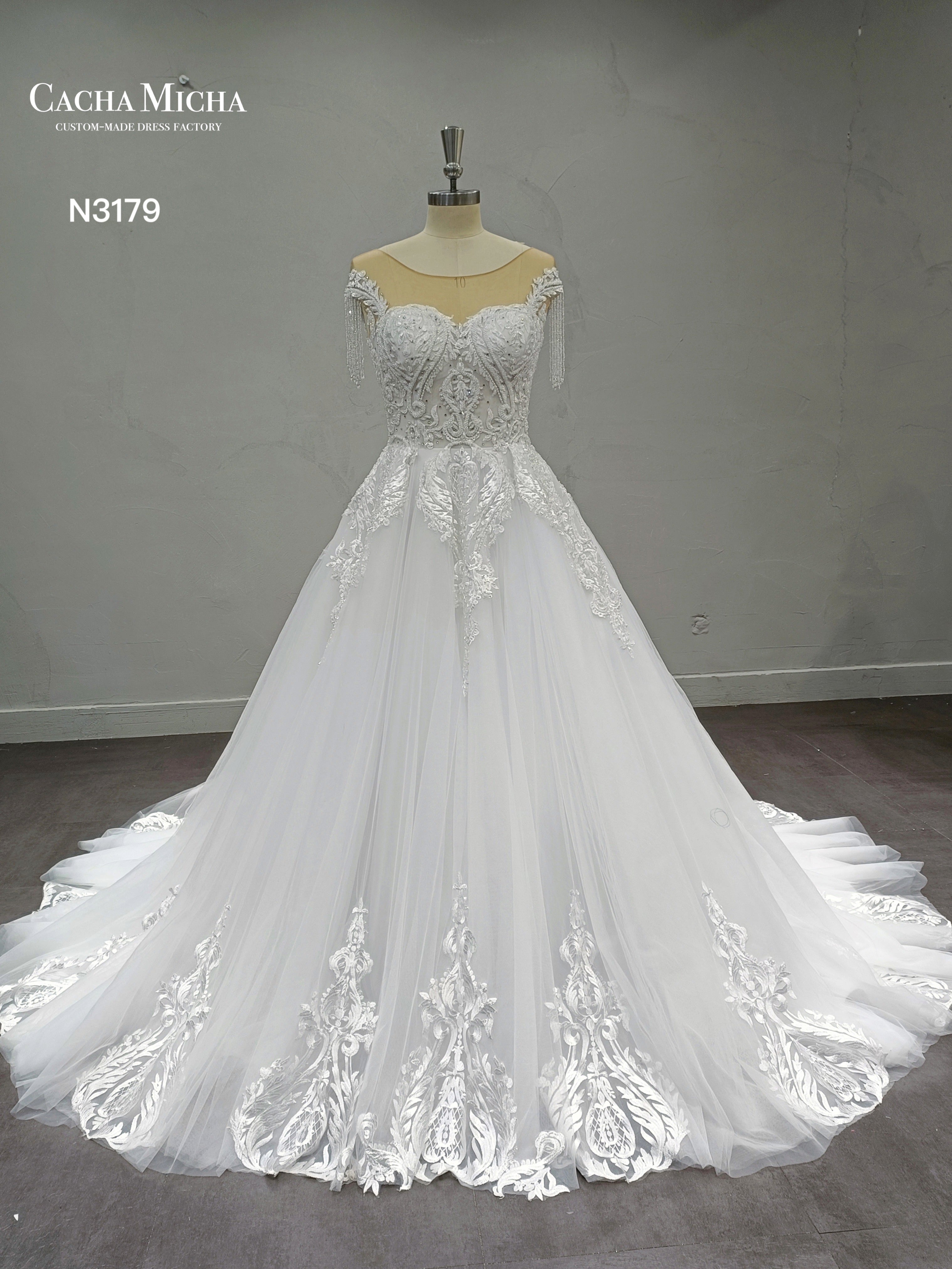 Heavy Beaded Bodice Ball Gown Wedding Dress N3179