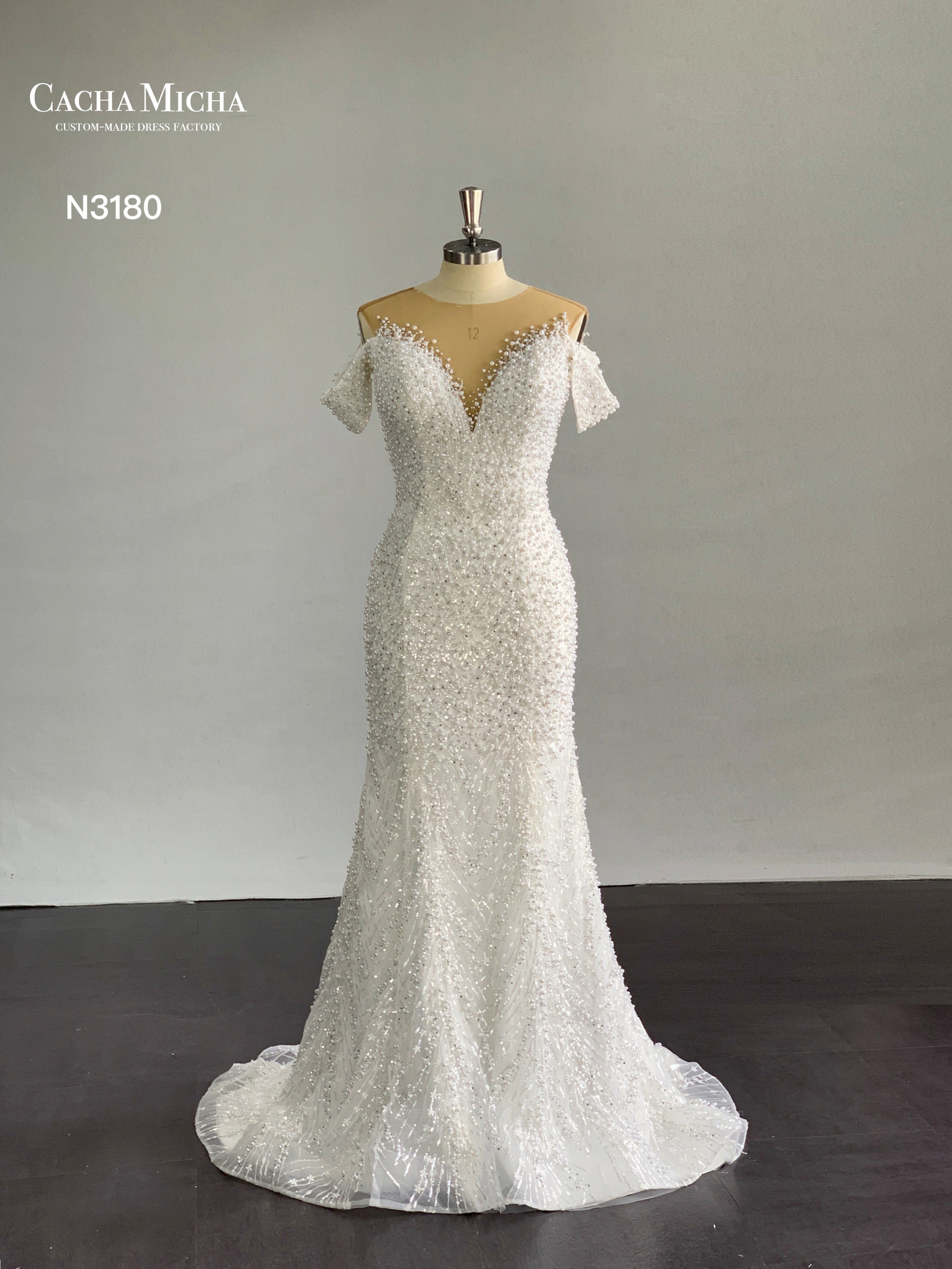 Fully Pearl Beaded Detachable Train Luxury Wedding Dress N3180