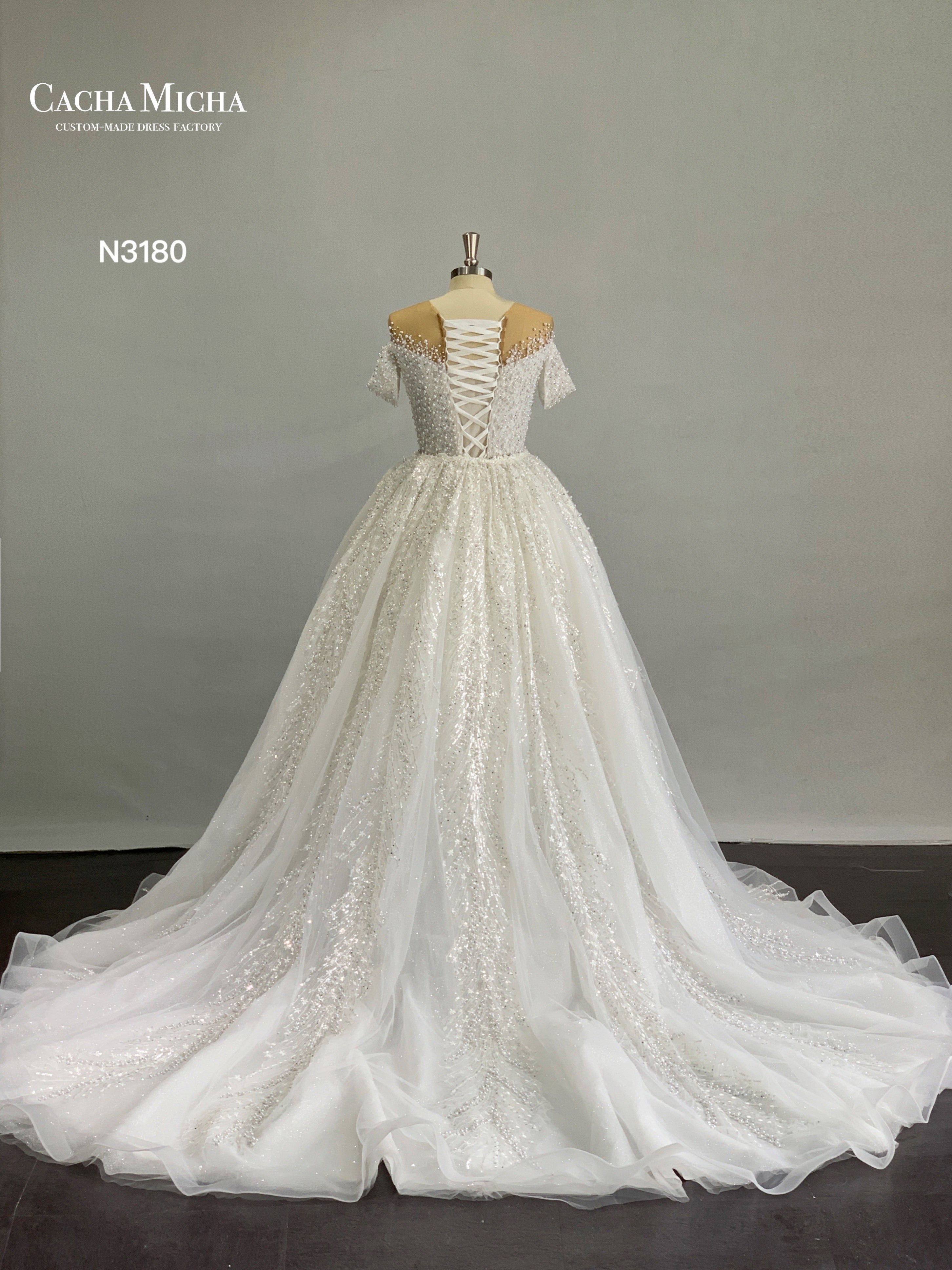 Fully Pearl Beaded Detachable Train Luxury Wedding Dress N3180