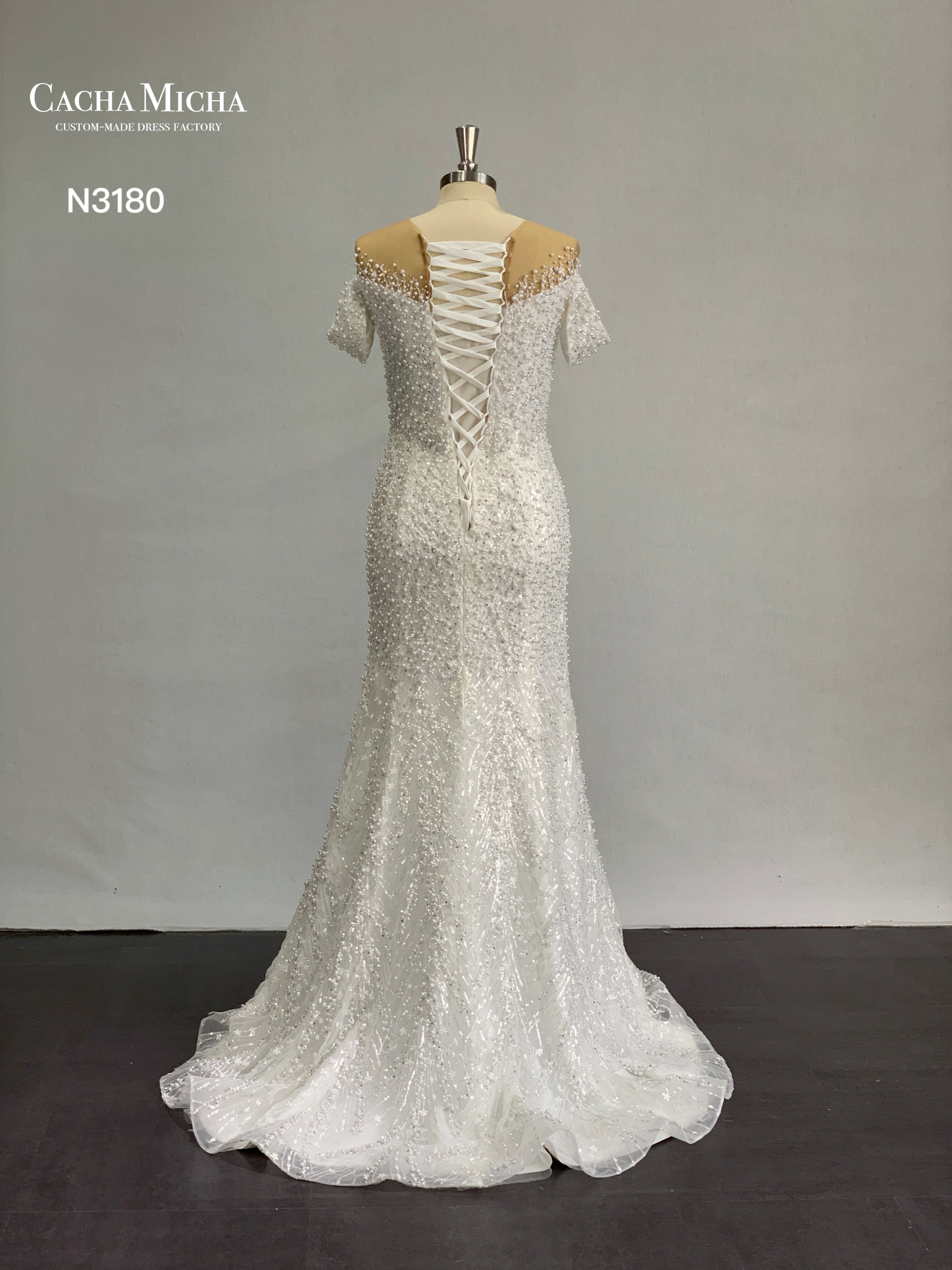 Fully Pearl Beaded Detachable Train Luxury Wedding Dress N3180