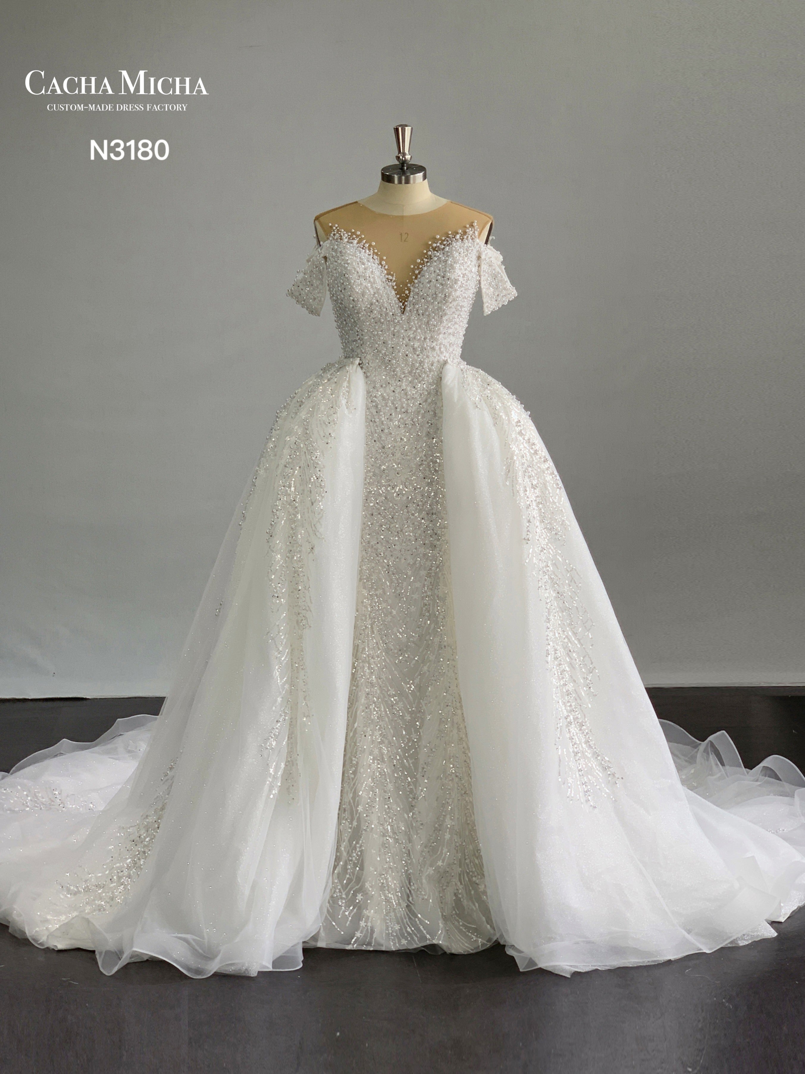 Fully Pearl Beaded Detachable Train Luxury Wedding Dress N3180