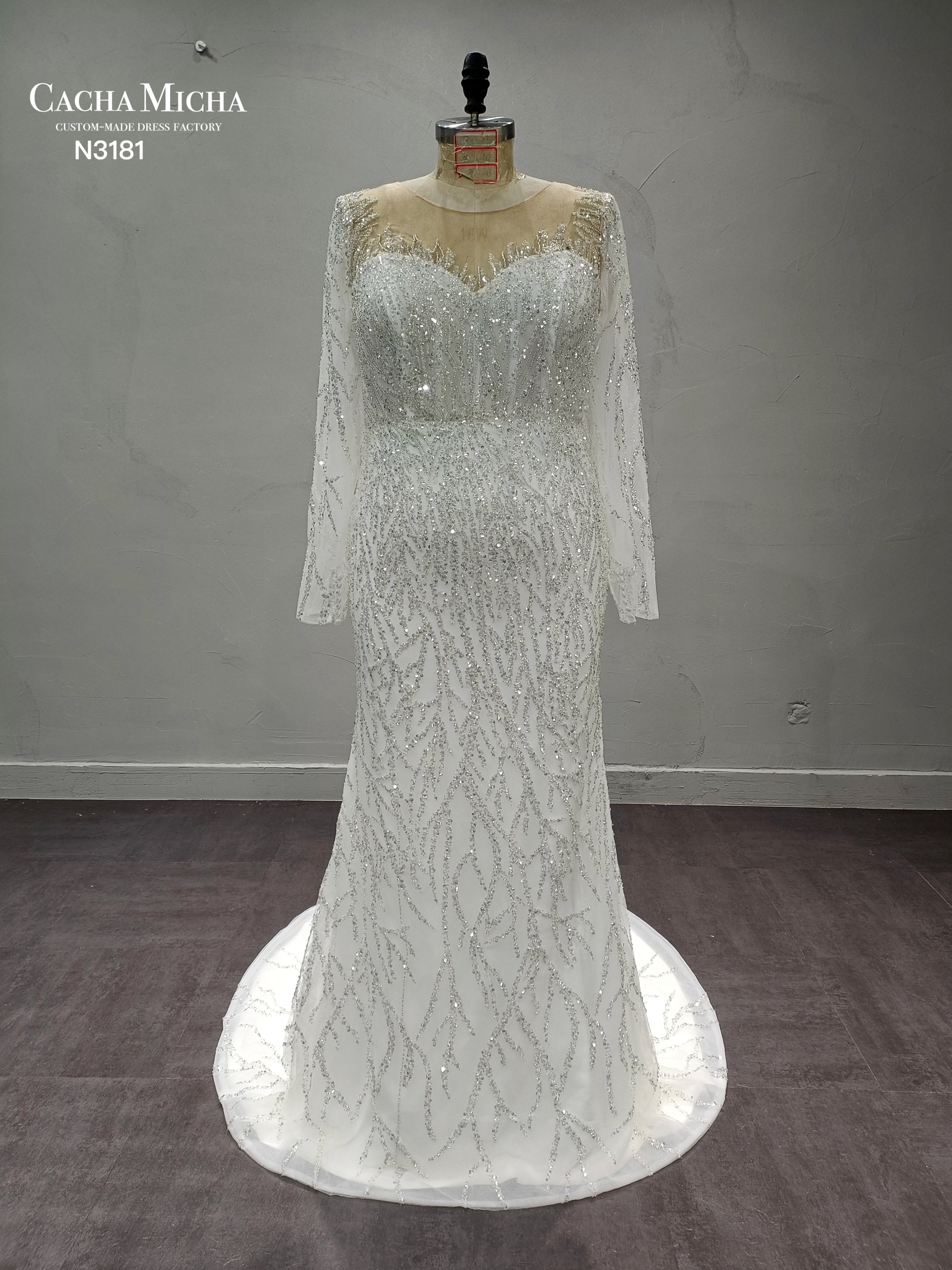 Silver Beaded Detachable Train Luxury Wedding Dress N3181