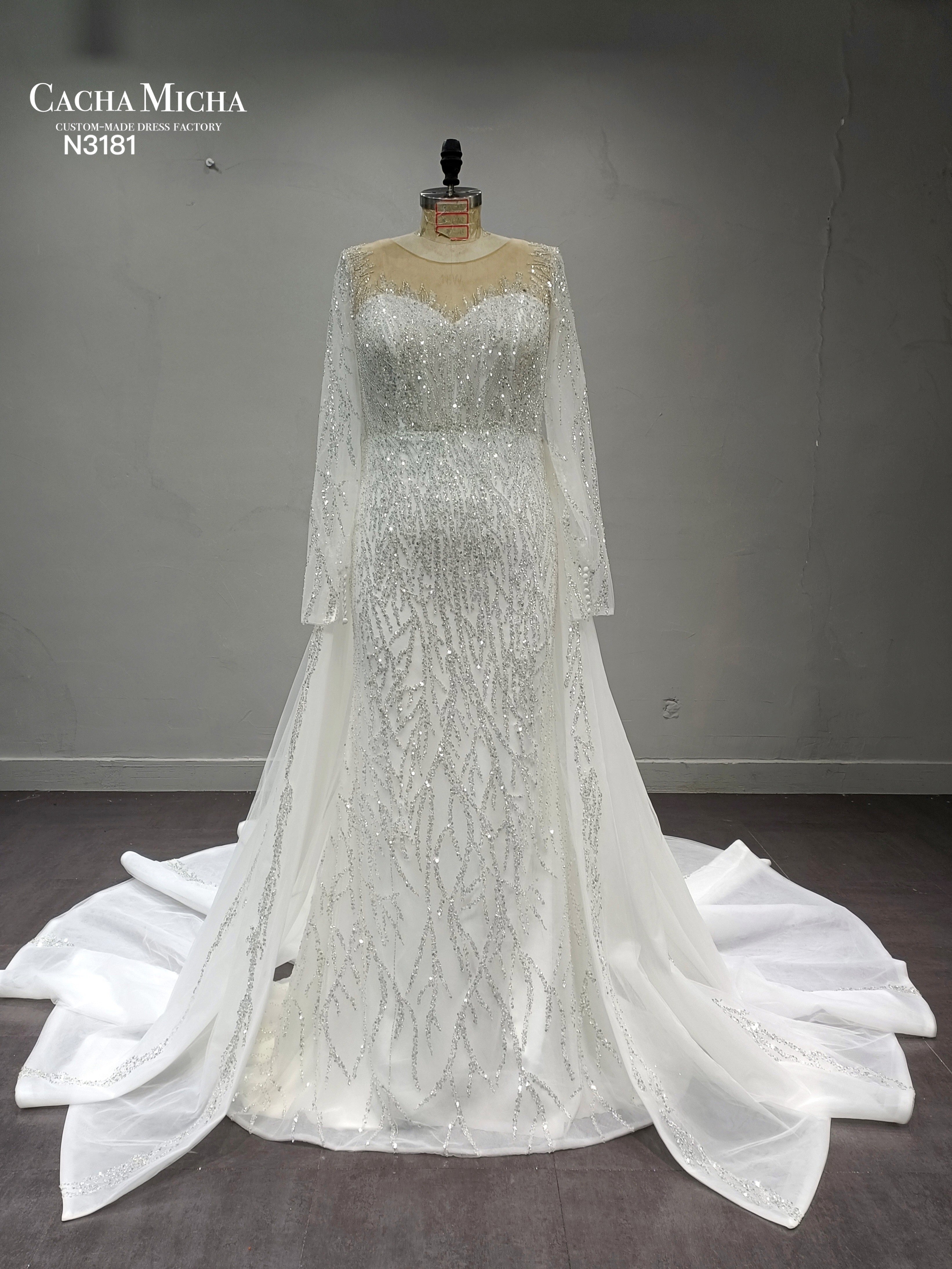 Silver Beaded Detachable Train Luxury Wedding Dress N3181