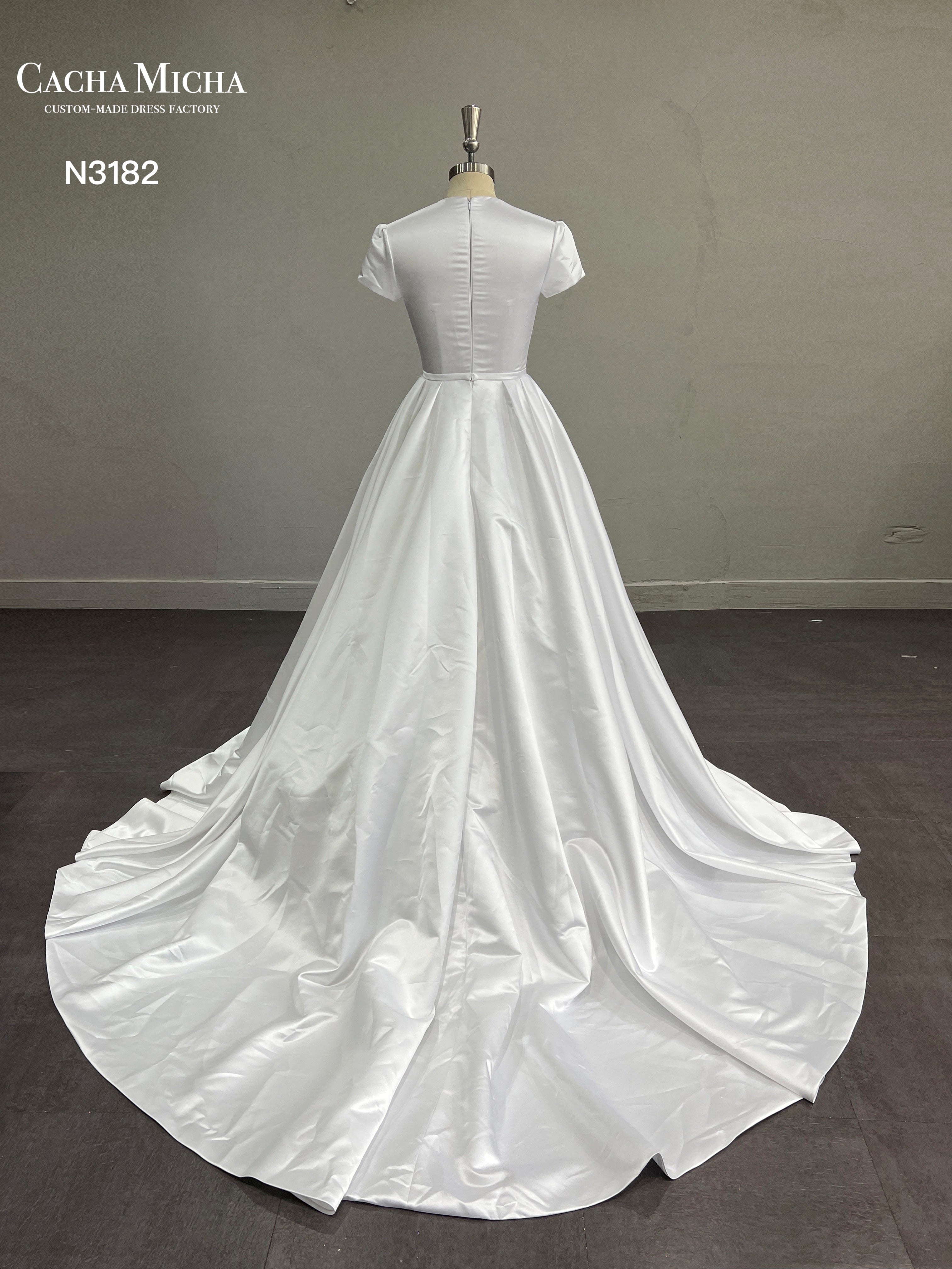 Short Sleeves Modest Satin Wedding Dress N3182