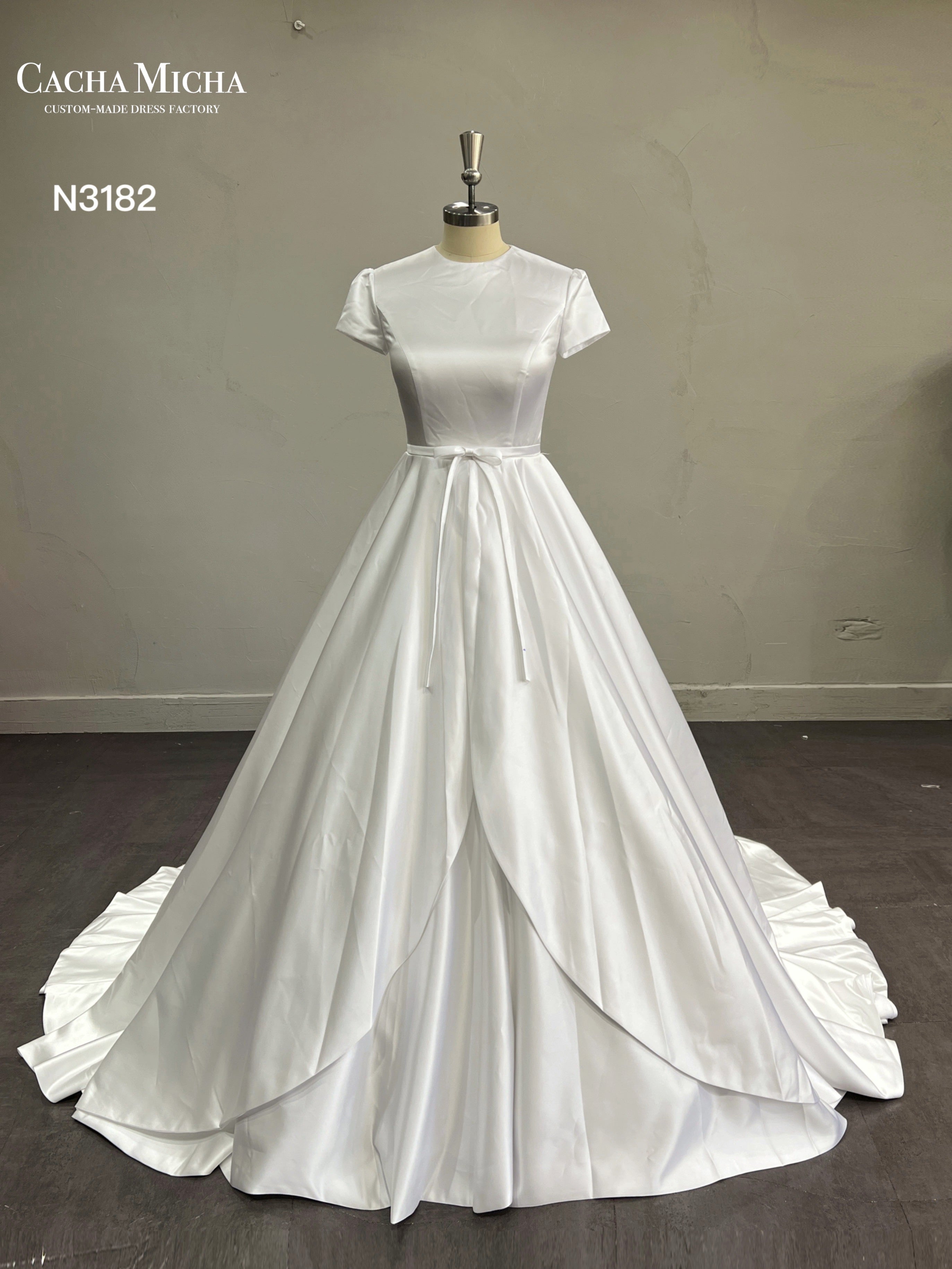 Short Sleeves Modest Satin Wedding Dress N3182