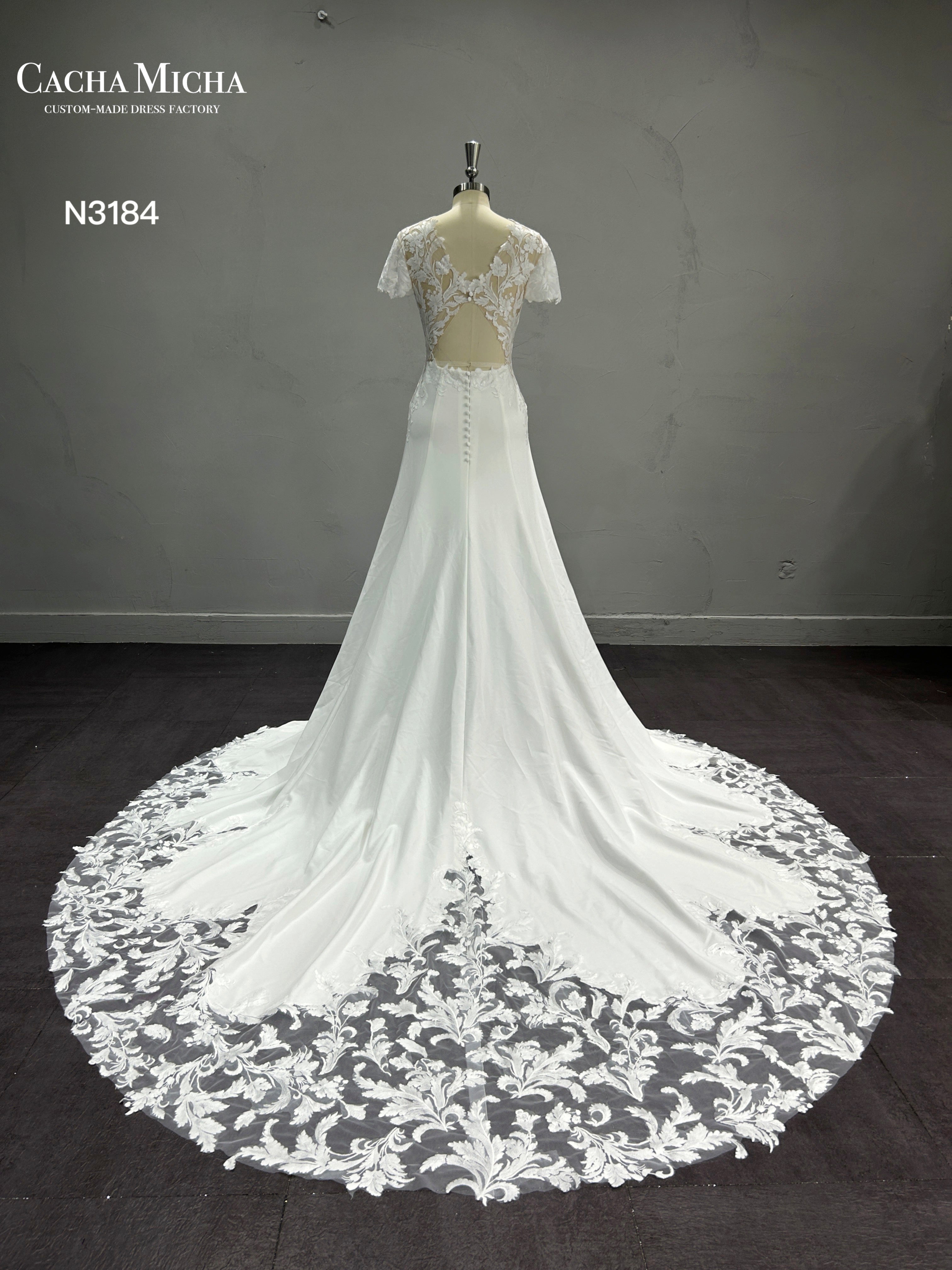 Glass Floral Train Crepe Trumpet Wedding Dress N3184