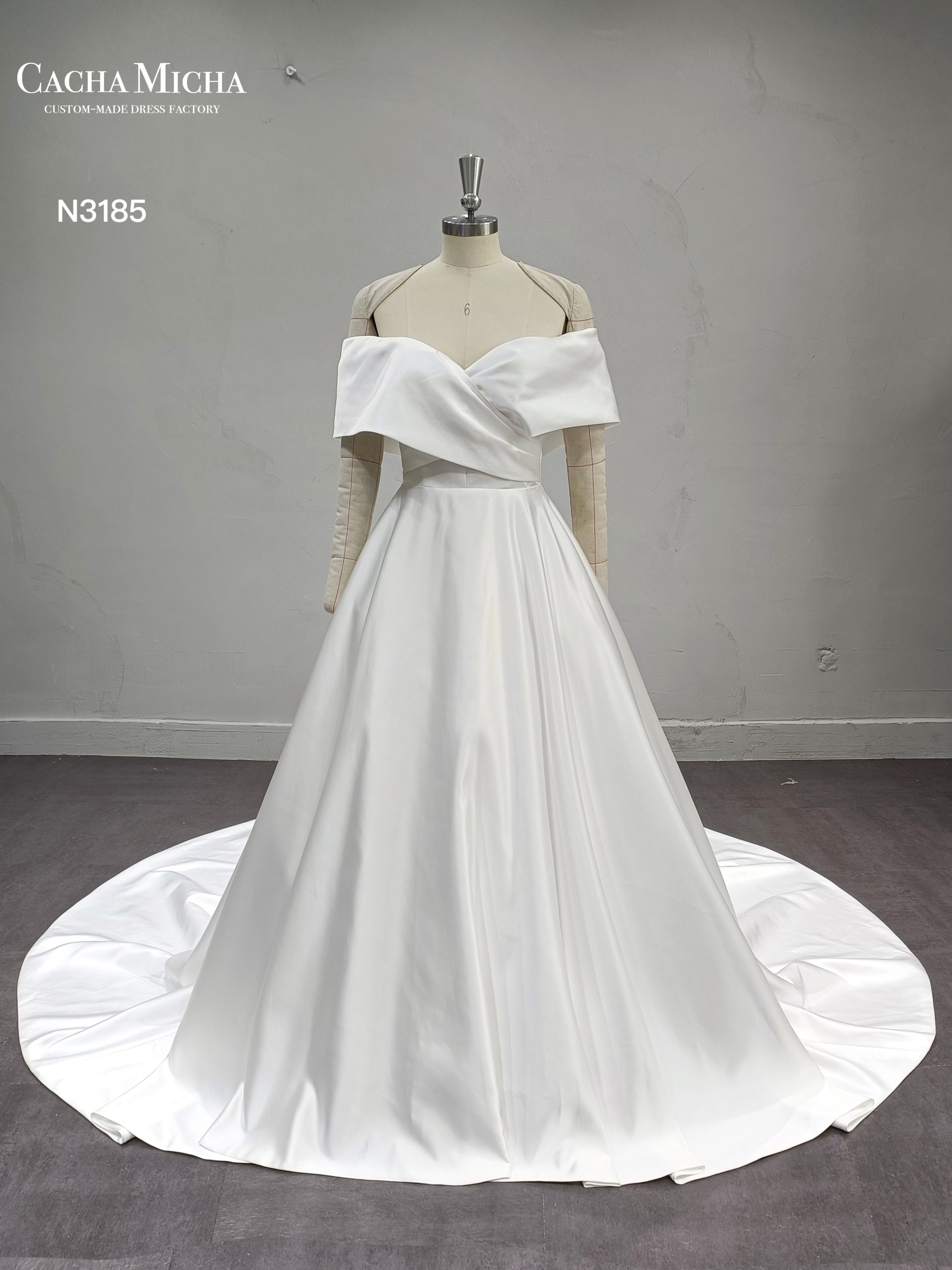 Classic Off The Shoulder Satin A Line Wedding Dress N3185