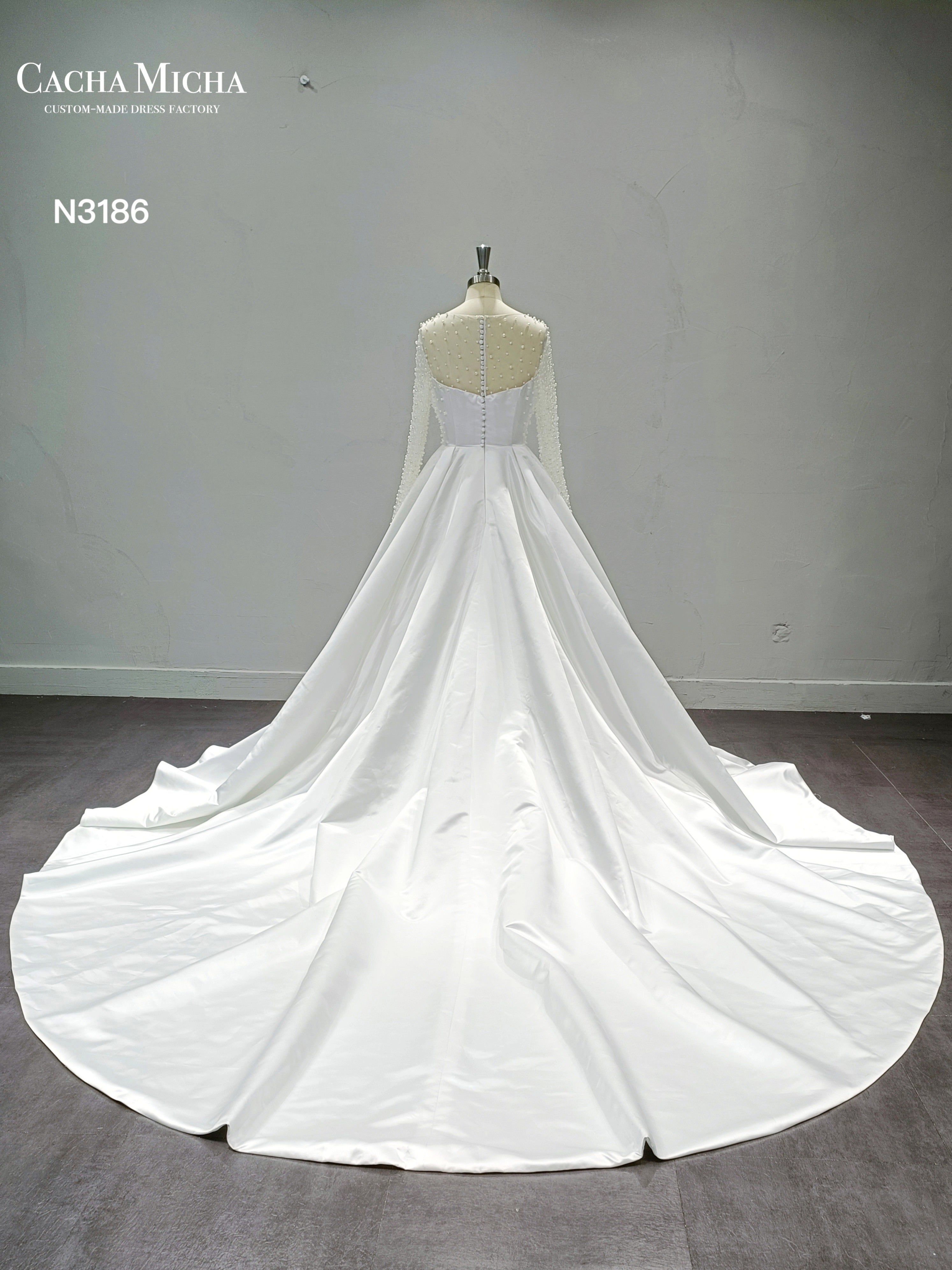 Pearl Beaded Long Sleeves Satin Wedding Dress N3186