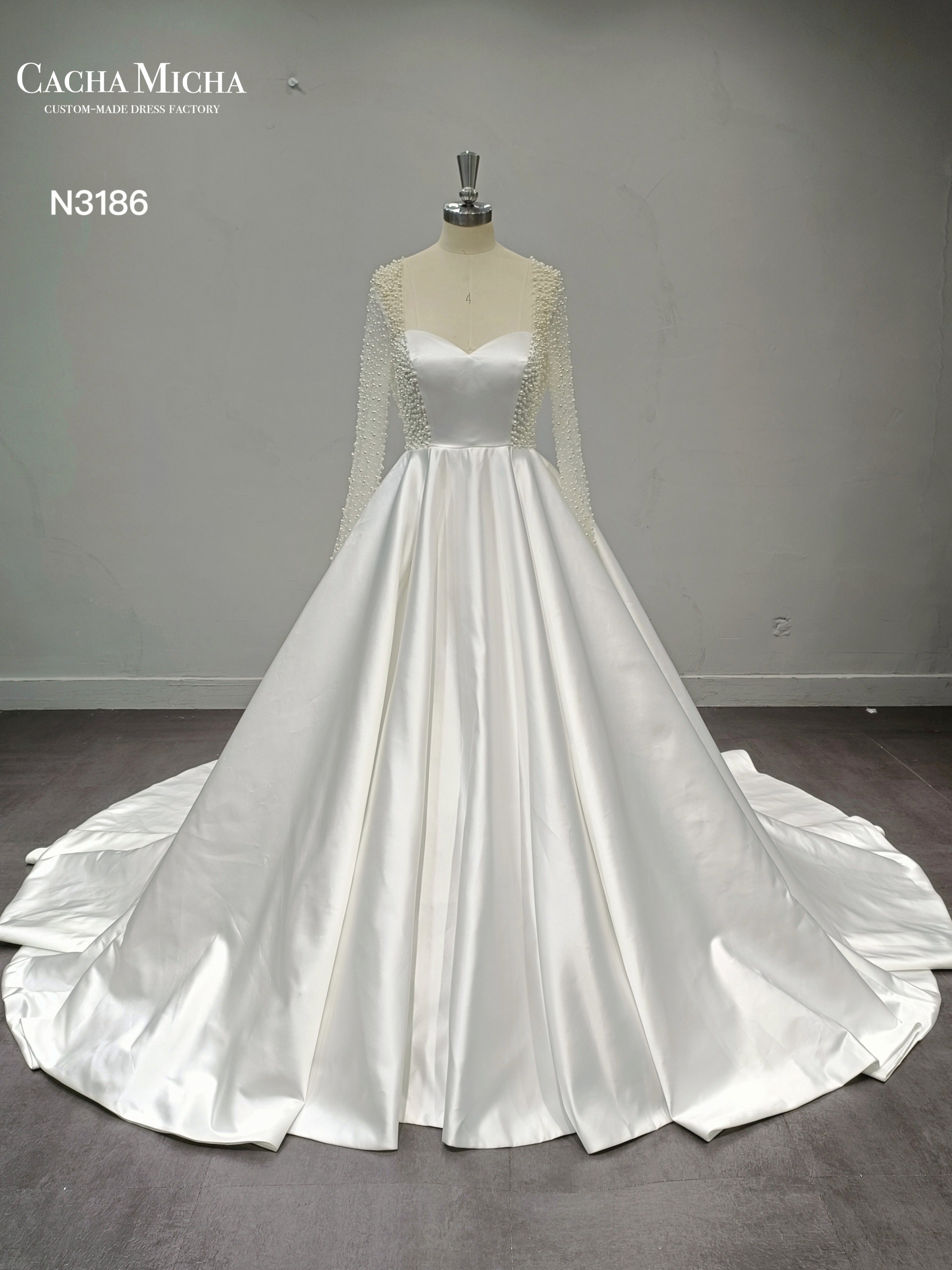 Pearl Beaded Long Sleeves Satin Wedding Dress N3186