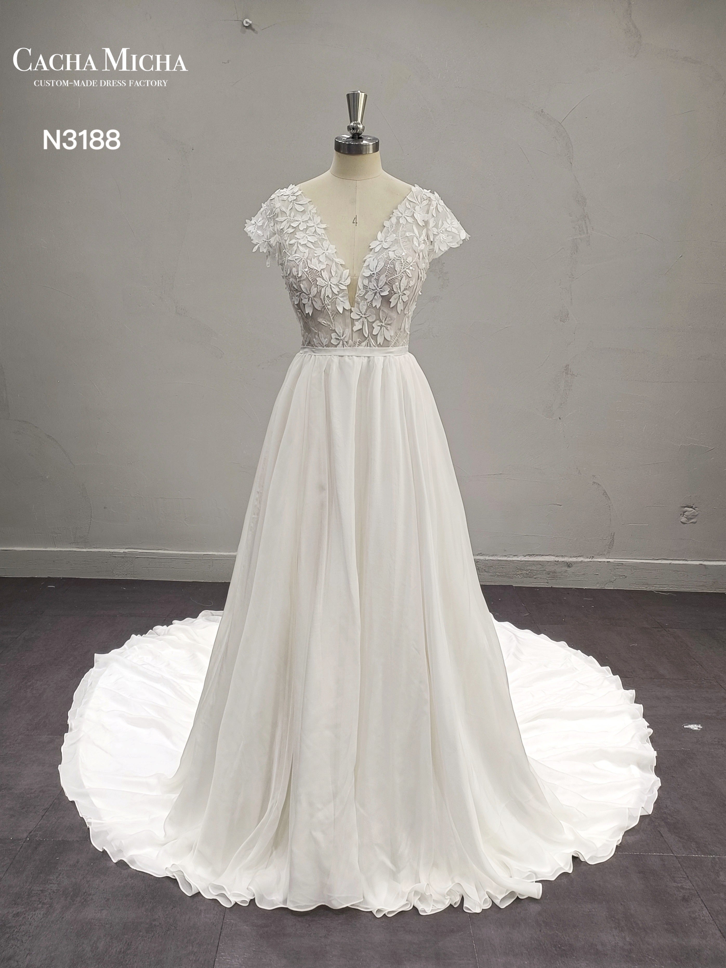3D Lace Top Chiffon Skirt Wedding Dress N3188