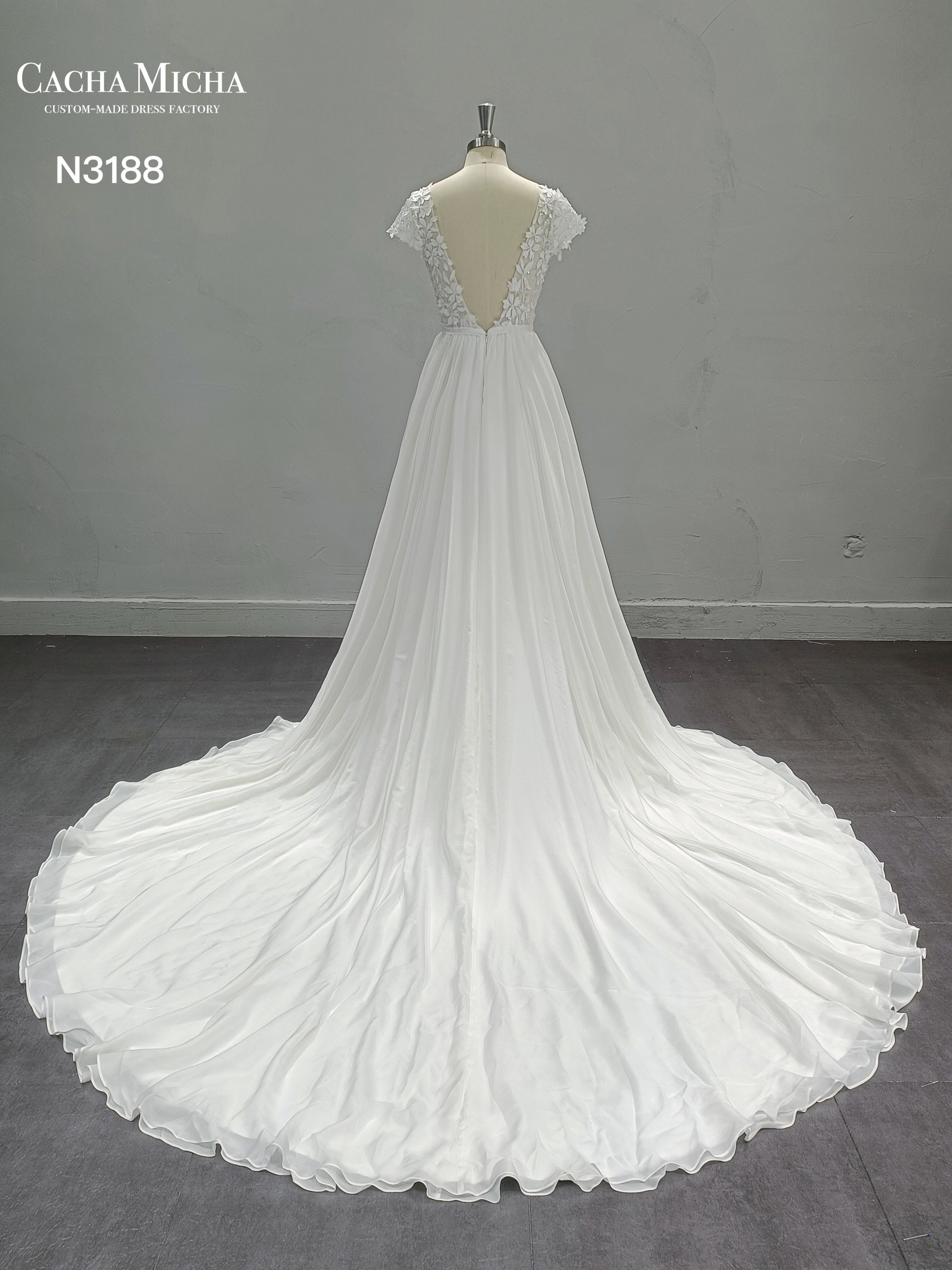 3D Lace Top Chiffon Skirt Wedding Dress N3188