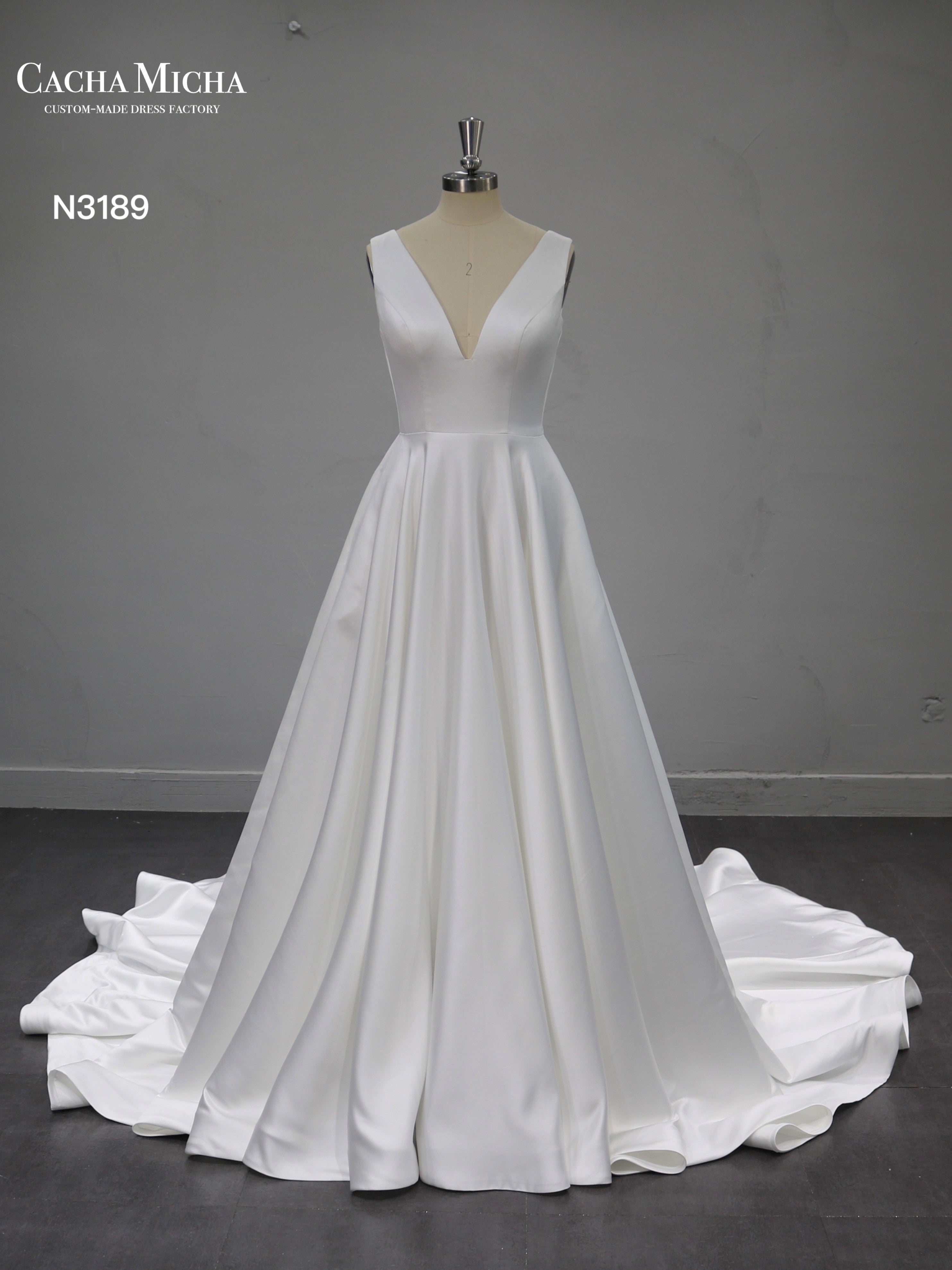 Simple Classic V Neck A Line High Quality Satin Wedding Dress N3189