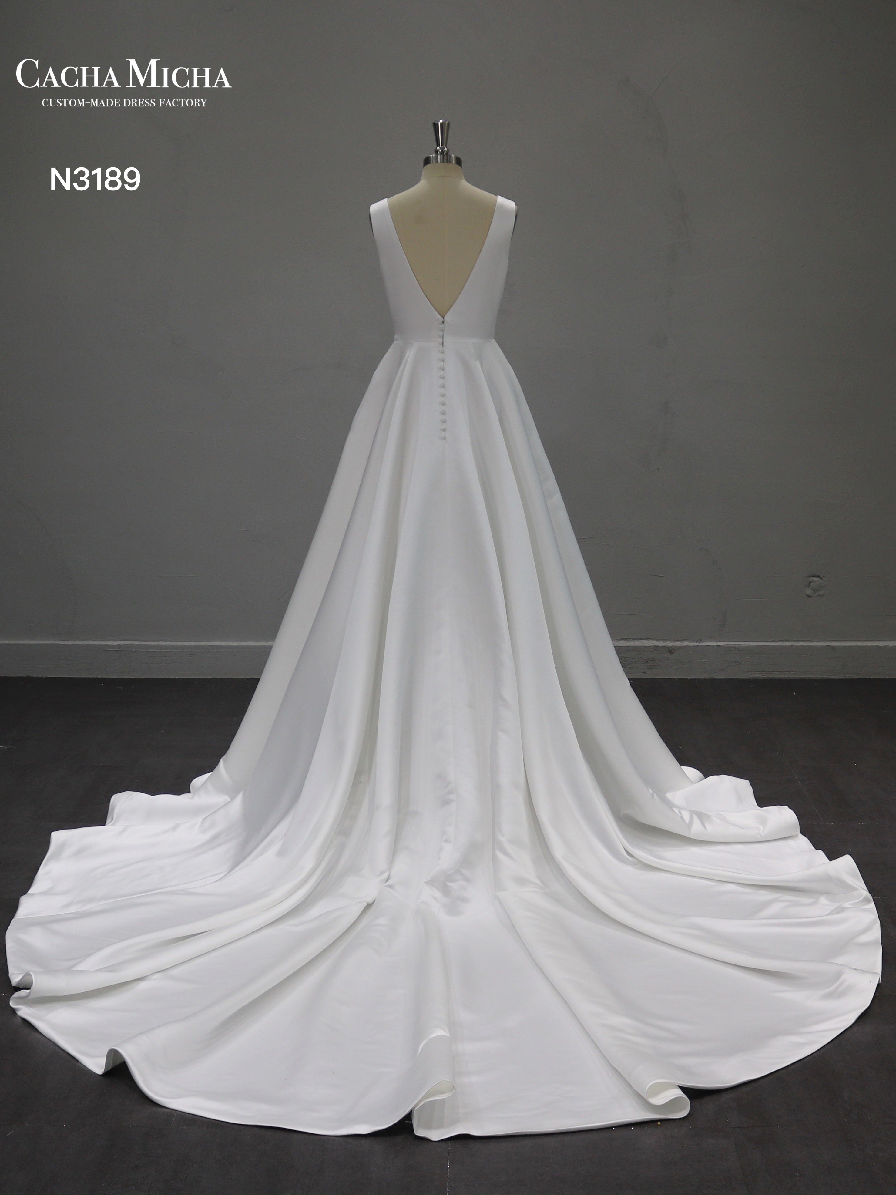 Simple Classic V Neck A Line High Quality Satin Wedding Dress N3189