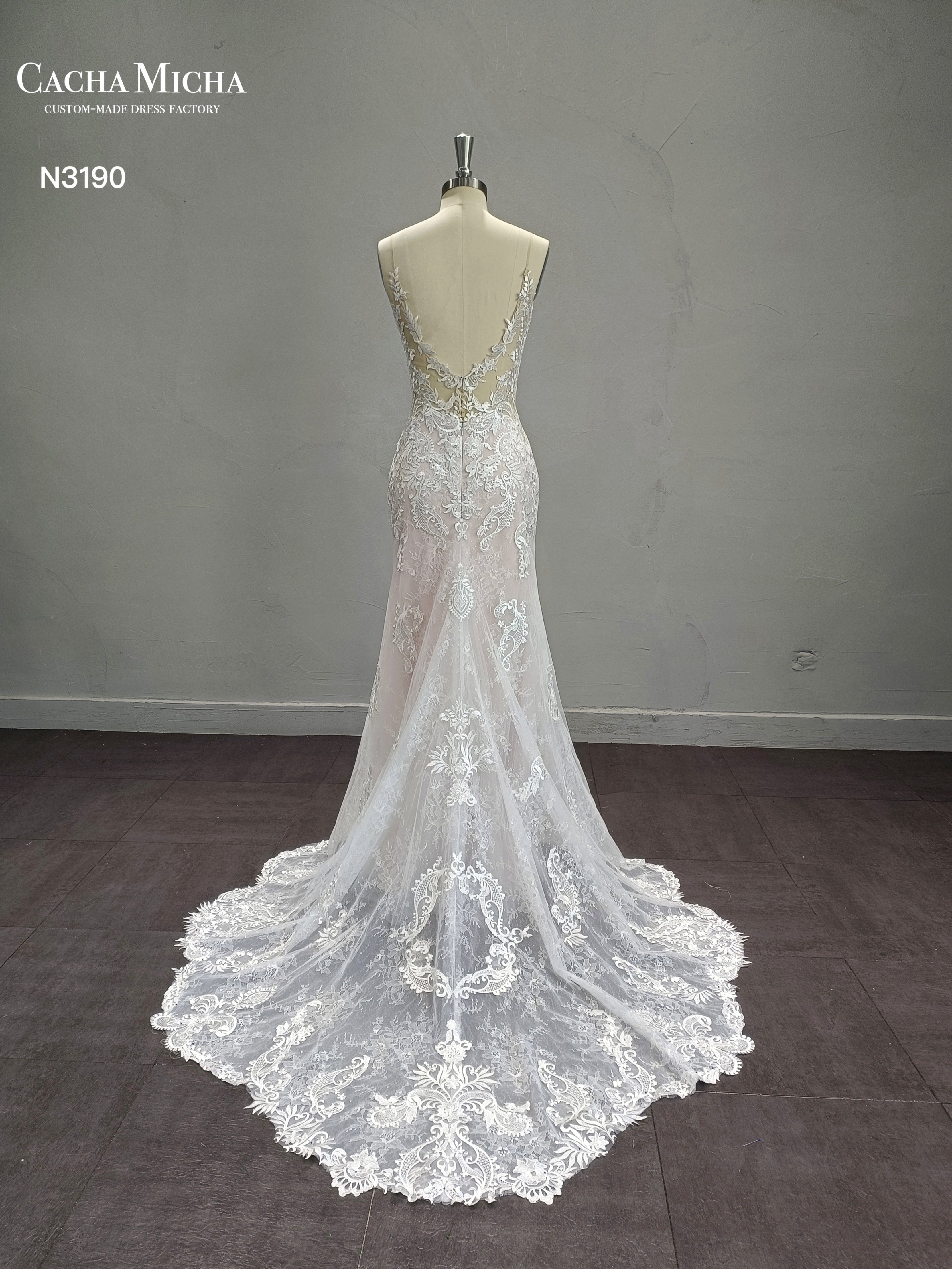 Blush Lining Lace Floral Train Mermaid Wedding Dress N3190