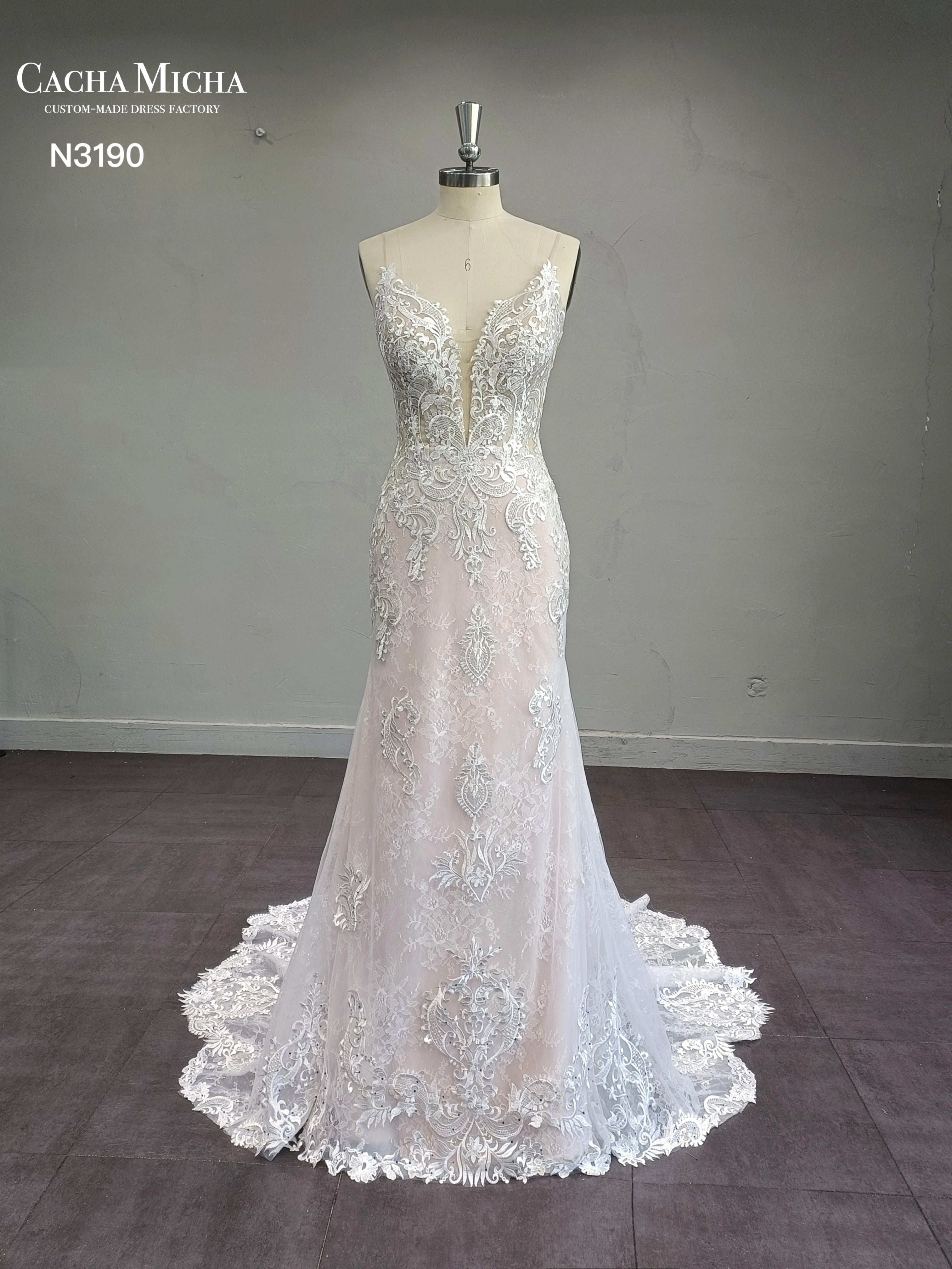 Blush Lining Lace Floral Train Mermaid Wedding Dress N3190