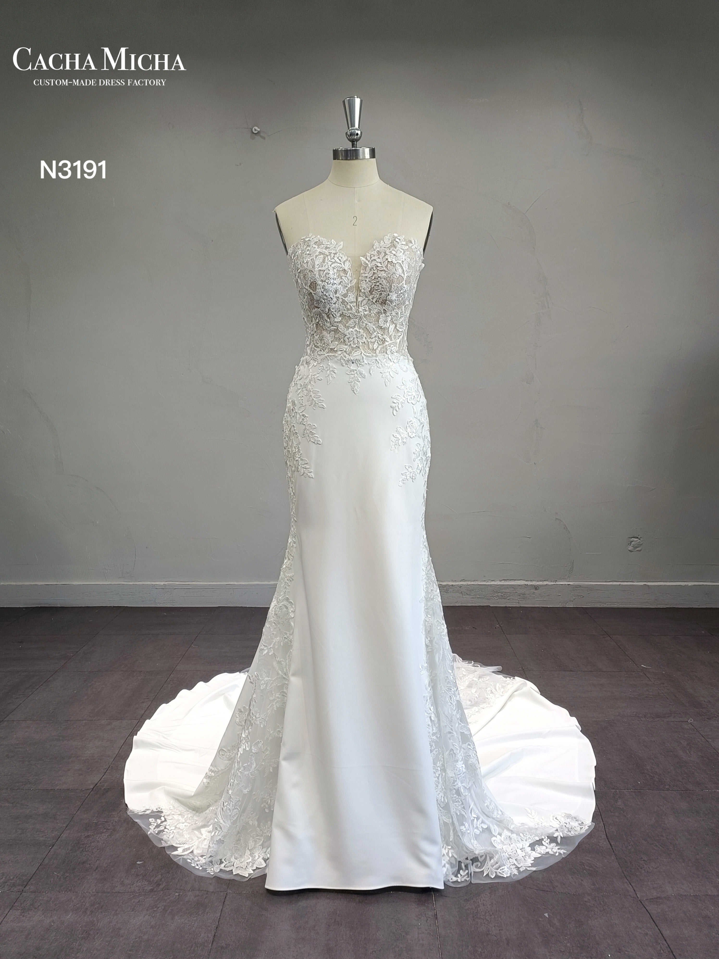 Sweetheart Lace insert Skirt Crepe Wedding Dress N3191