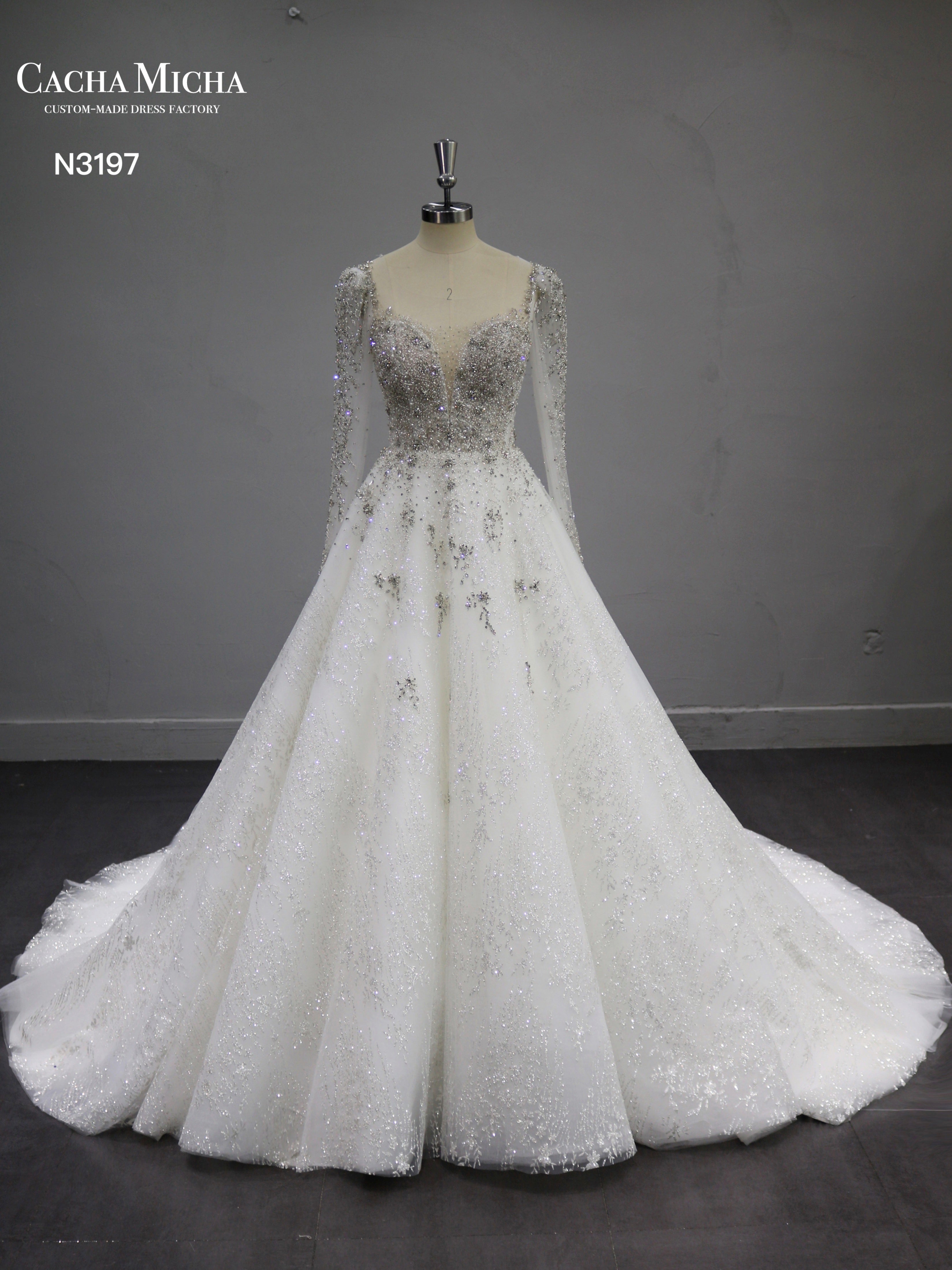 Silver Hand Beaded Shinny Glitter Wedding Dress N3197