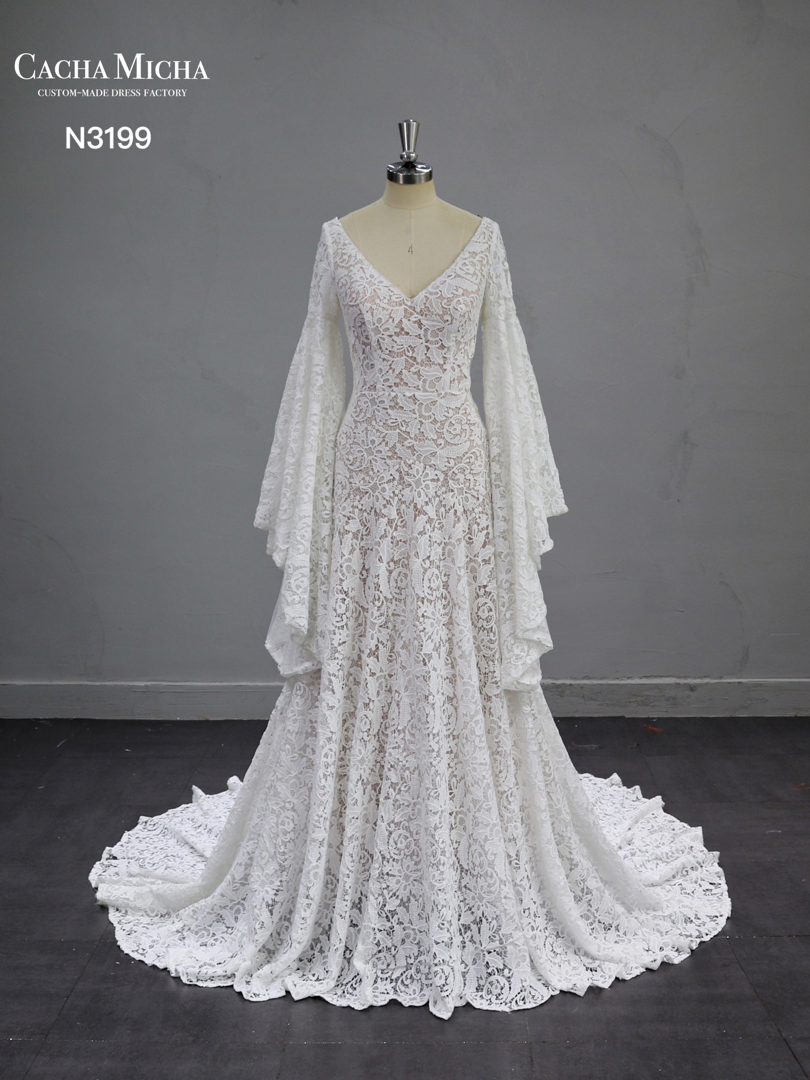 Bell Sleeves Bohemia Guipure Lace Mermaid Wedding Dress N3199