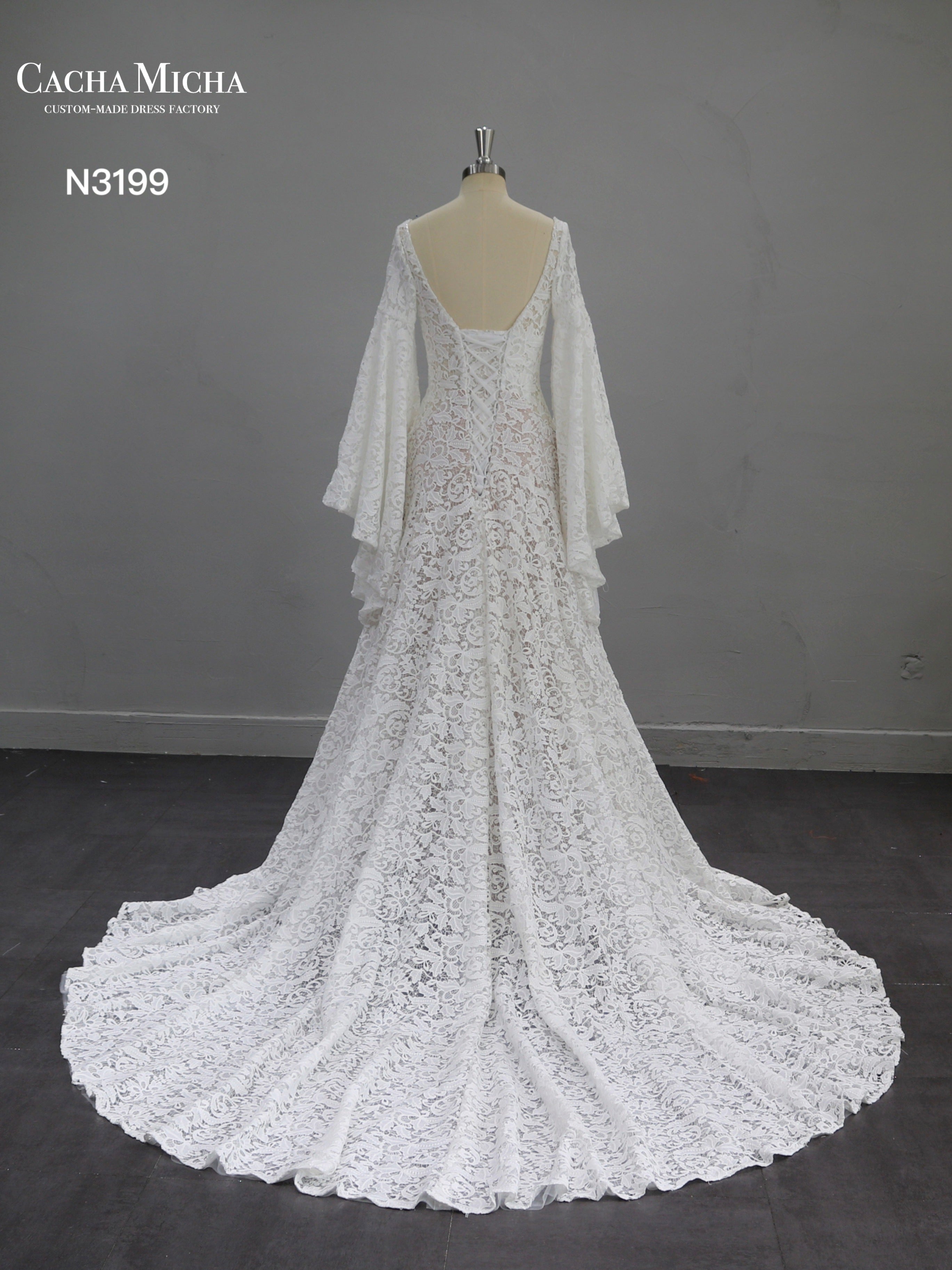 Bell Sleeves Bohemia Guipure Lace Mermaid Wedding Dress N3199