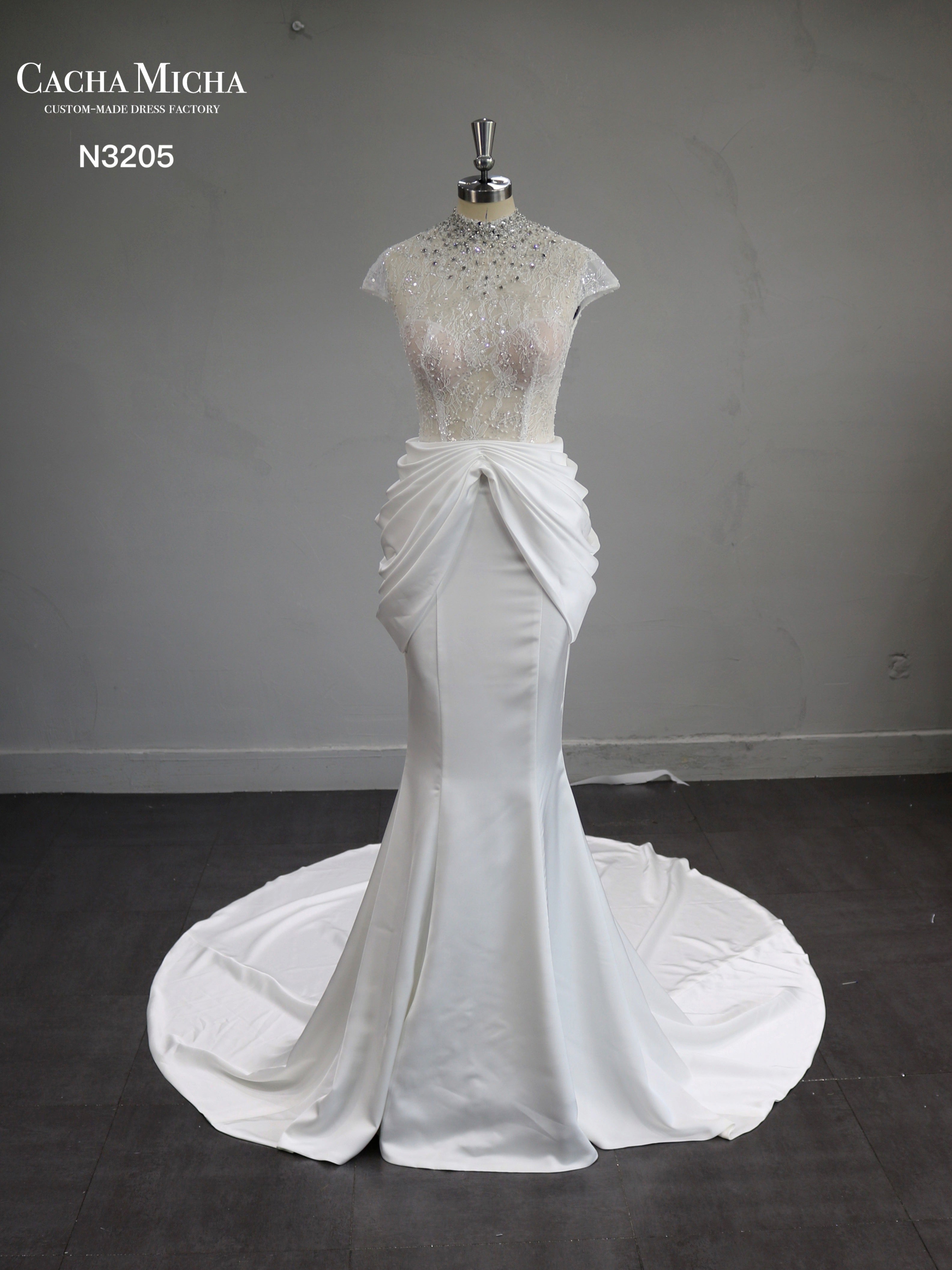 Beaded High Neck Charmuse Satin Mermaid Wedding Dress N3205