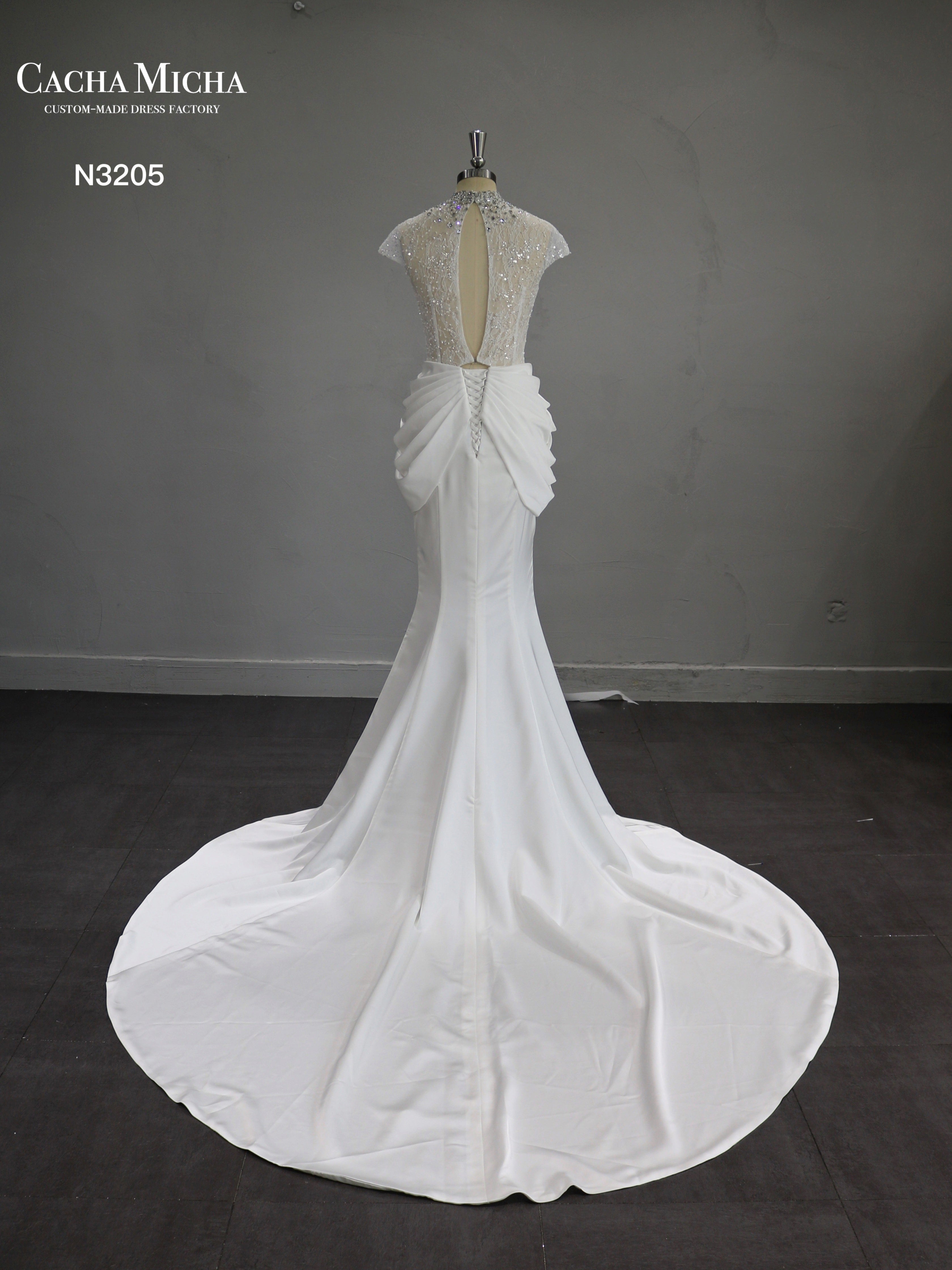 Beaded High Neck Charmuse Satin Mermaid Wedding Dress N3205