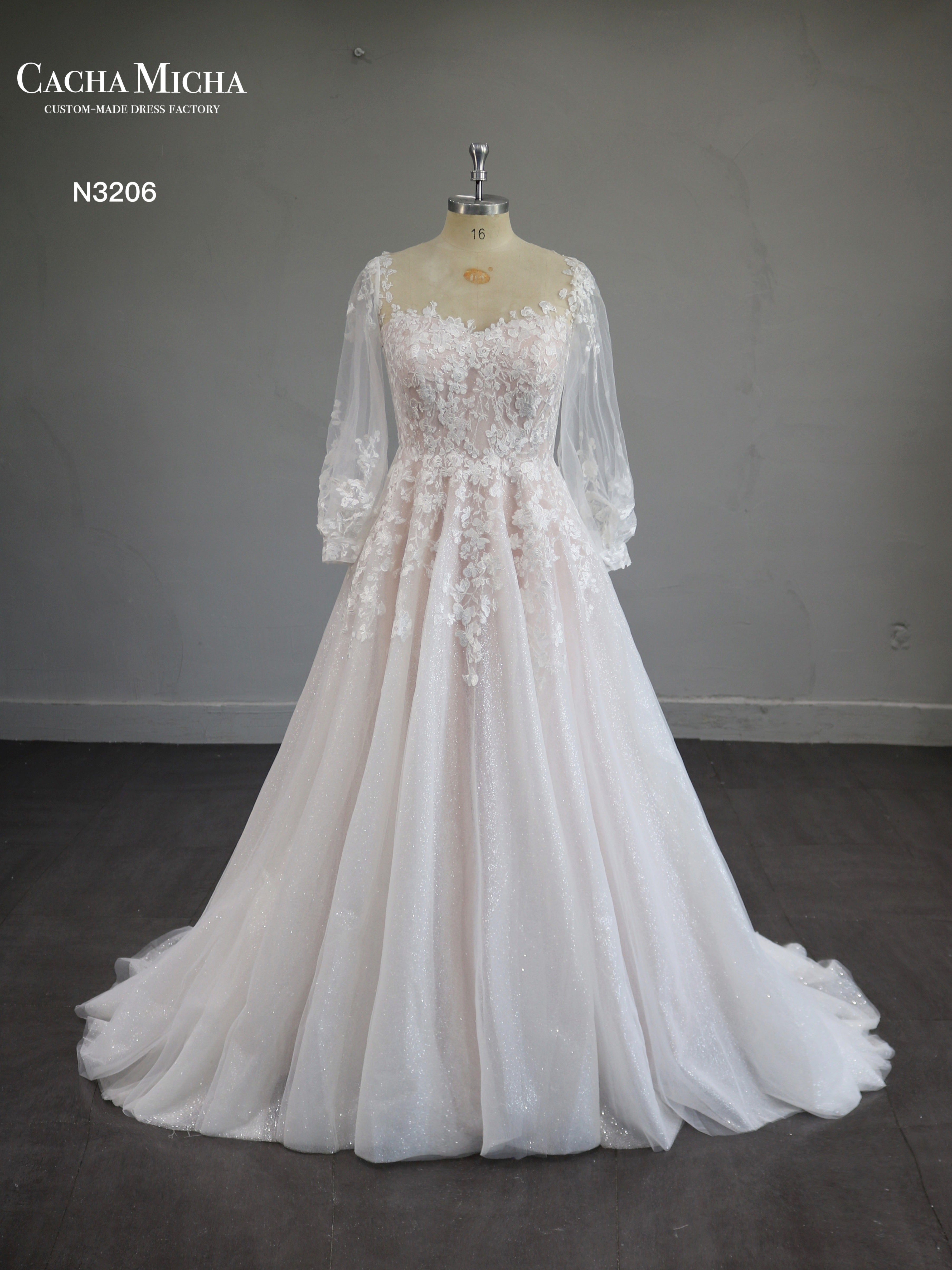 Lace Long Sleeves Blush Lining Wedding Dress With Cape N3206