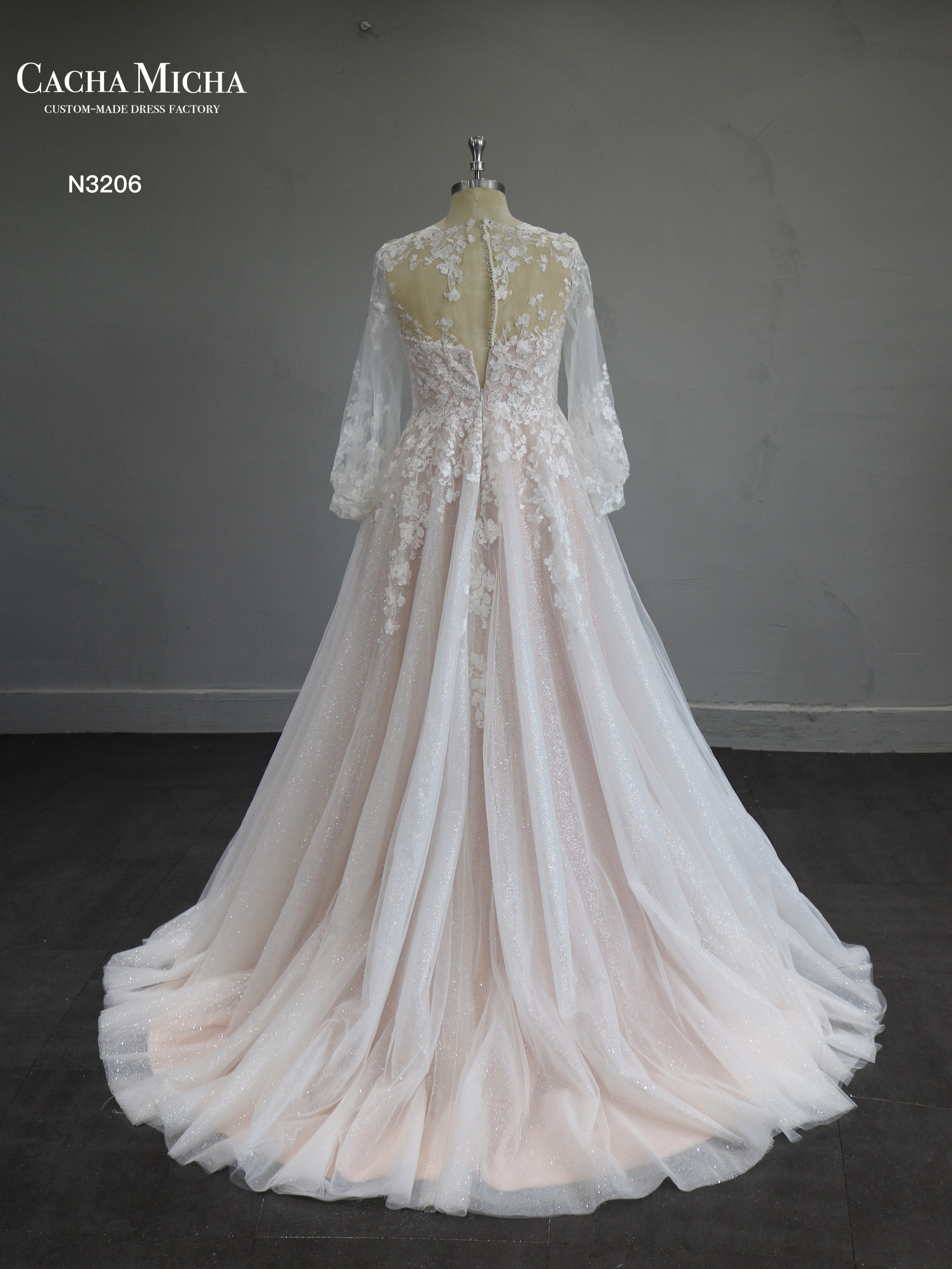 Lace Long Sleeves Blush Lining Wedding Dress With Cape N3206