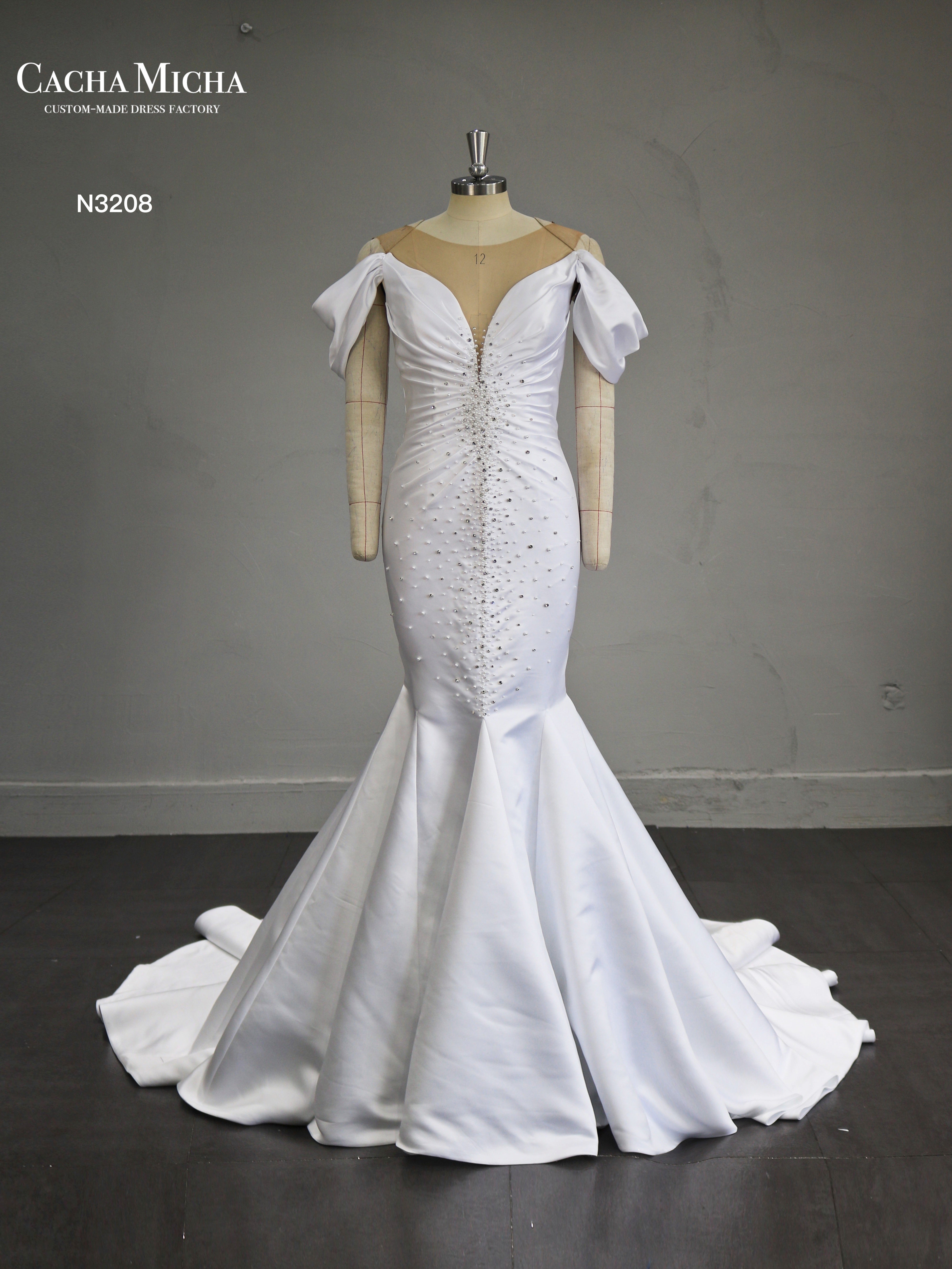 Stunning Beaded Pleated Mermaid Satin Wedding Dress N3208