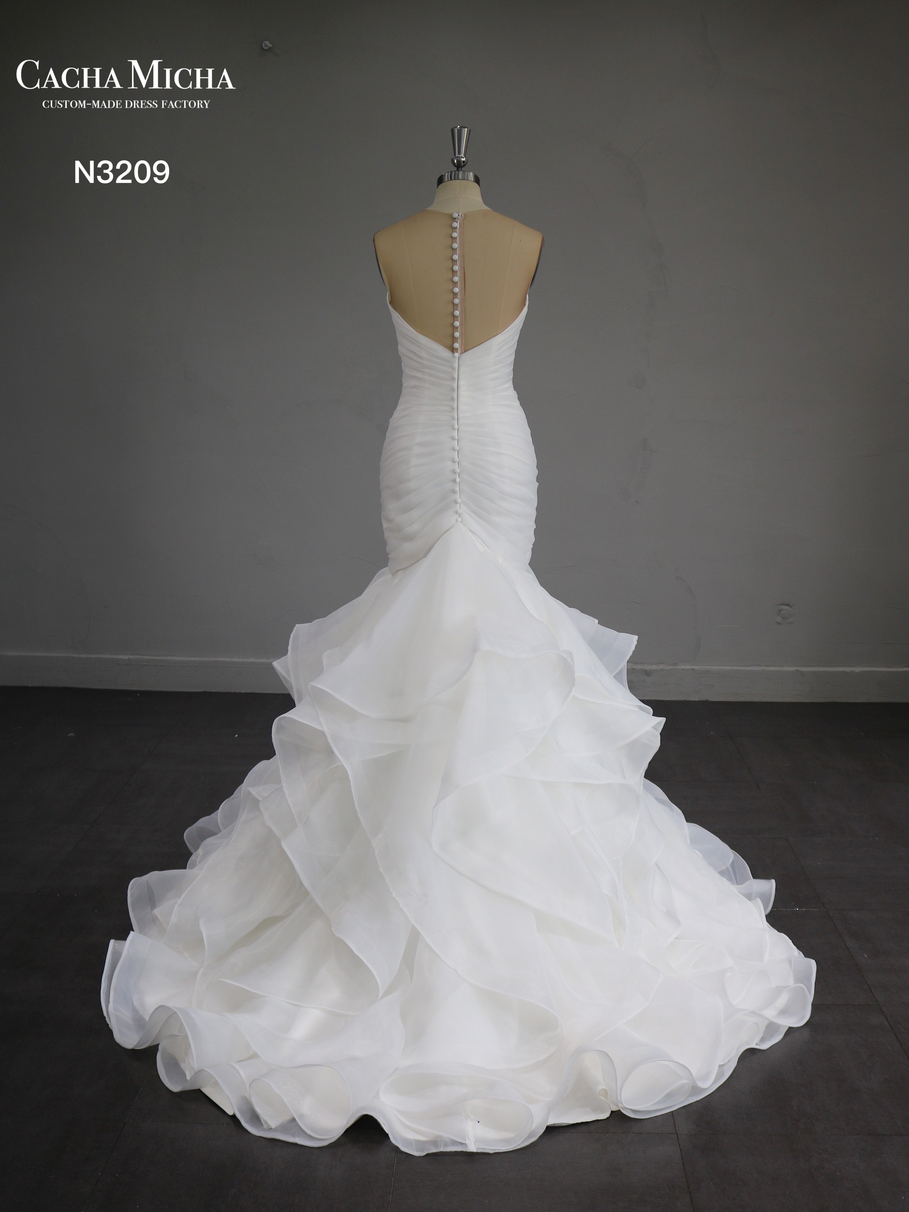 Classic Pleated Bodice Ruffled Skirt Mermaid Wedding Dress N3209